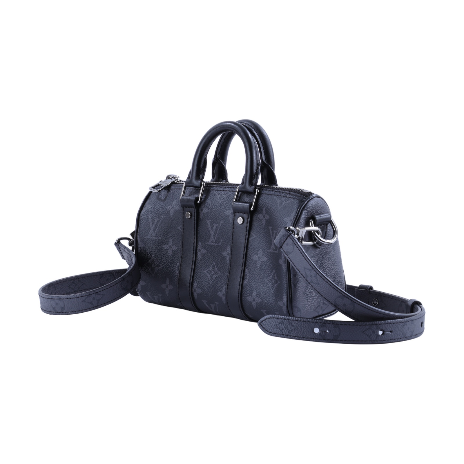 路易威登 LOUIS VUITTON KEEPALL XS 老花 小款 圓筒 側背包   M45947 晶片款 黑原花KEEPALL XS 背帶
