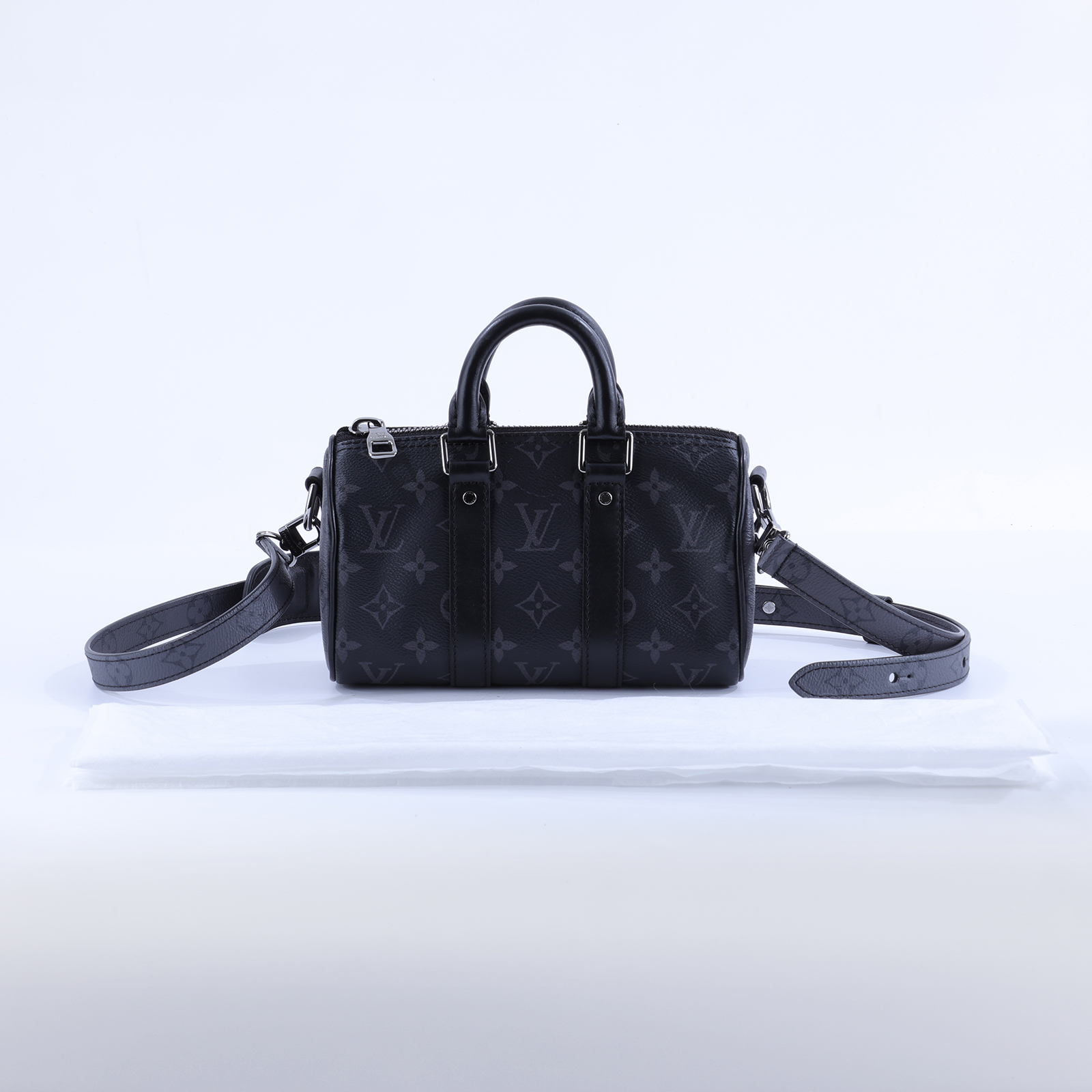 路易威登 LOUIS VUITTON KEEPALL XS 老花 小款 圓筒 側背包   M45947 晶片款 黑原花KEEPALL XS 背帶