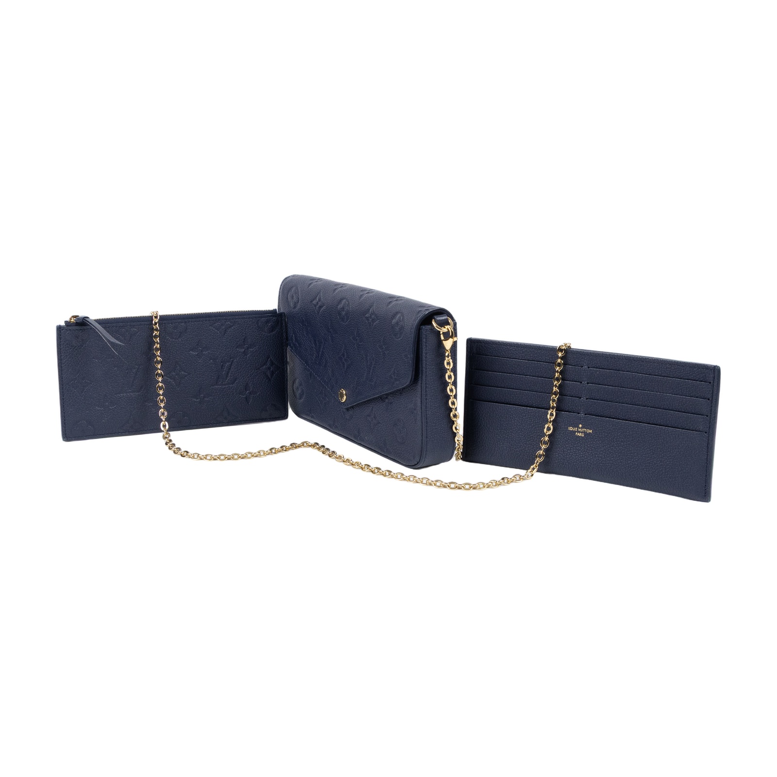 路易威登 LOUIS VUITTON Félicie Pochette 壓花皮格 WOC 翻蓋 斜背 鍊帶 肩背包 海軍藍 M83589 晶片款  原廠盒子/防塵袋/內袋2/背帶