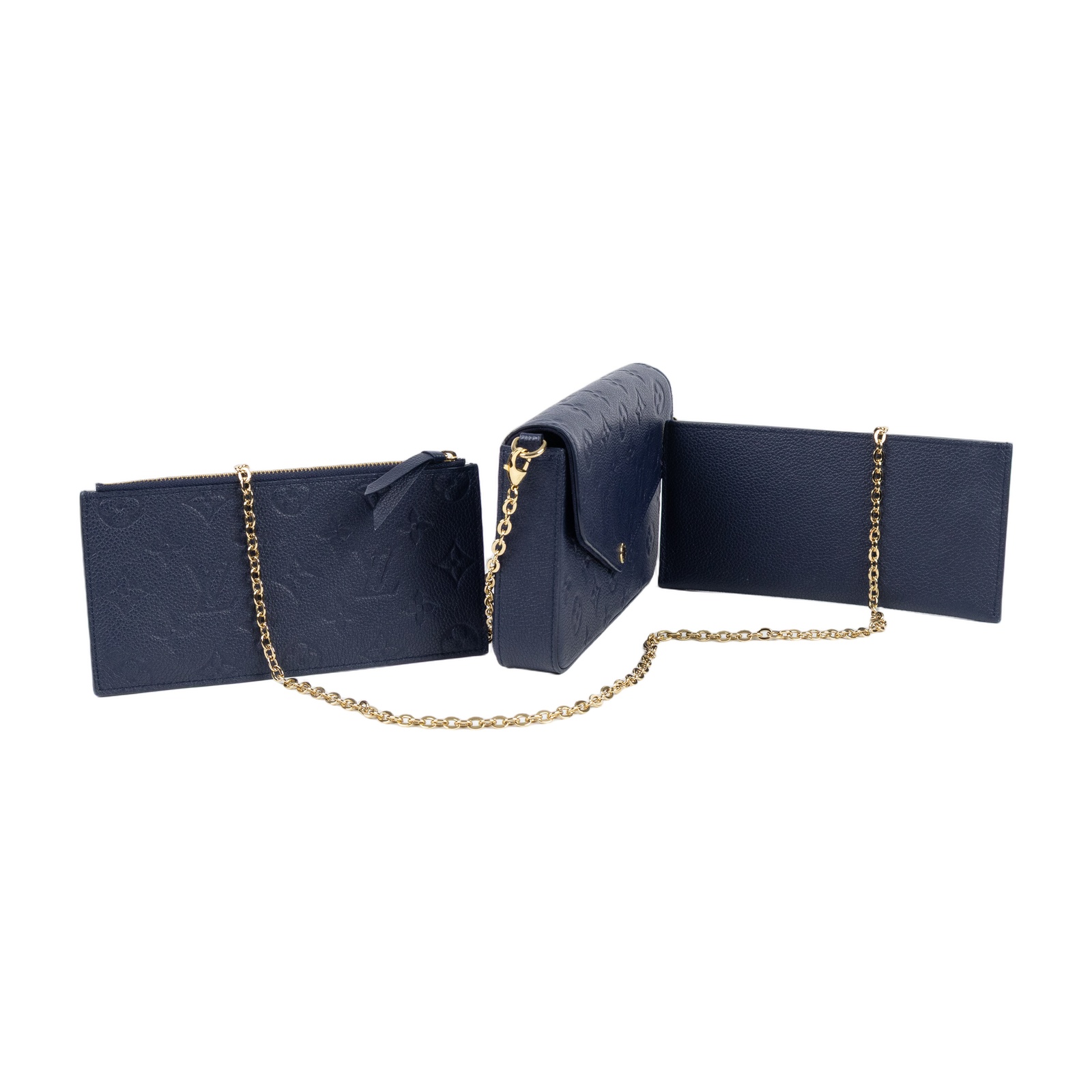 路易威登 LOUIS VUITTON Félicie Pochette 壓花皮格 WOC 翻蓋 斜背 鍊帶 肩背包 海軍藍 M83589 晶片款  原廠盒子/防塵袋/內袋2/背帶