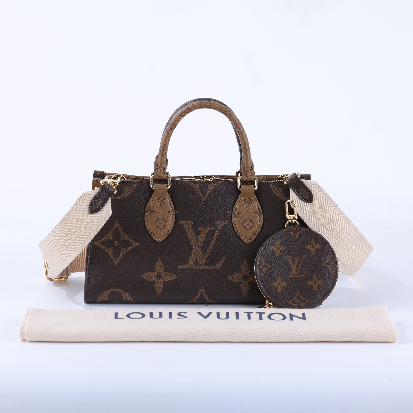 路易威登 LOUIS VUITTON OnTheGo East West 皮革飾邊 經典帆布 手提 斜背包 M46653 晶片款  防塵袋/背帶/內袋