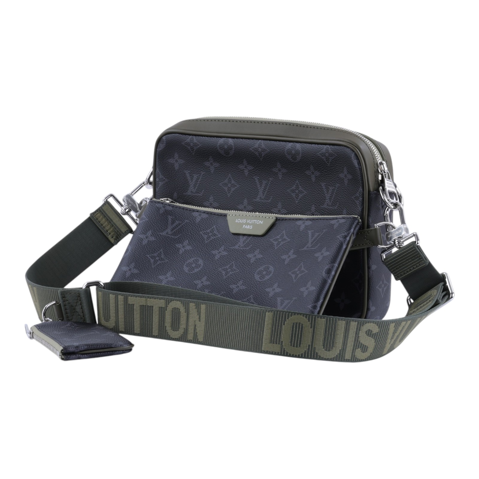 路易威登 LOUIS VUITTON Trio 郵差包 Monogram Eclipse 帆布 卡其綠色 釕色金屬配件 M28628 晶片款  原廠盒子/防塵袋/背帶/購買證明