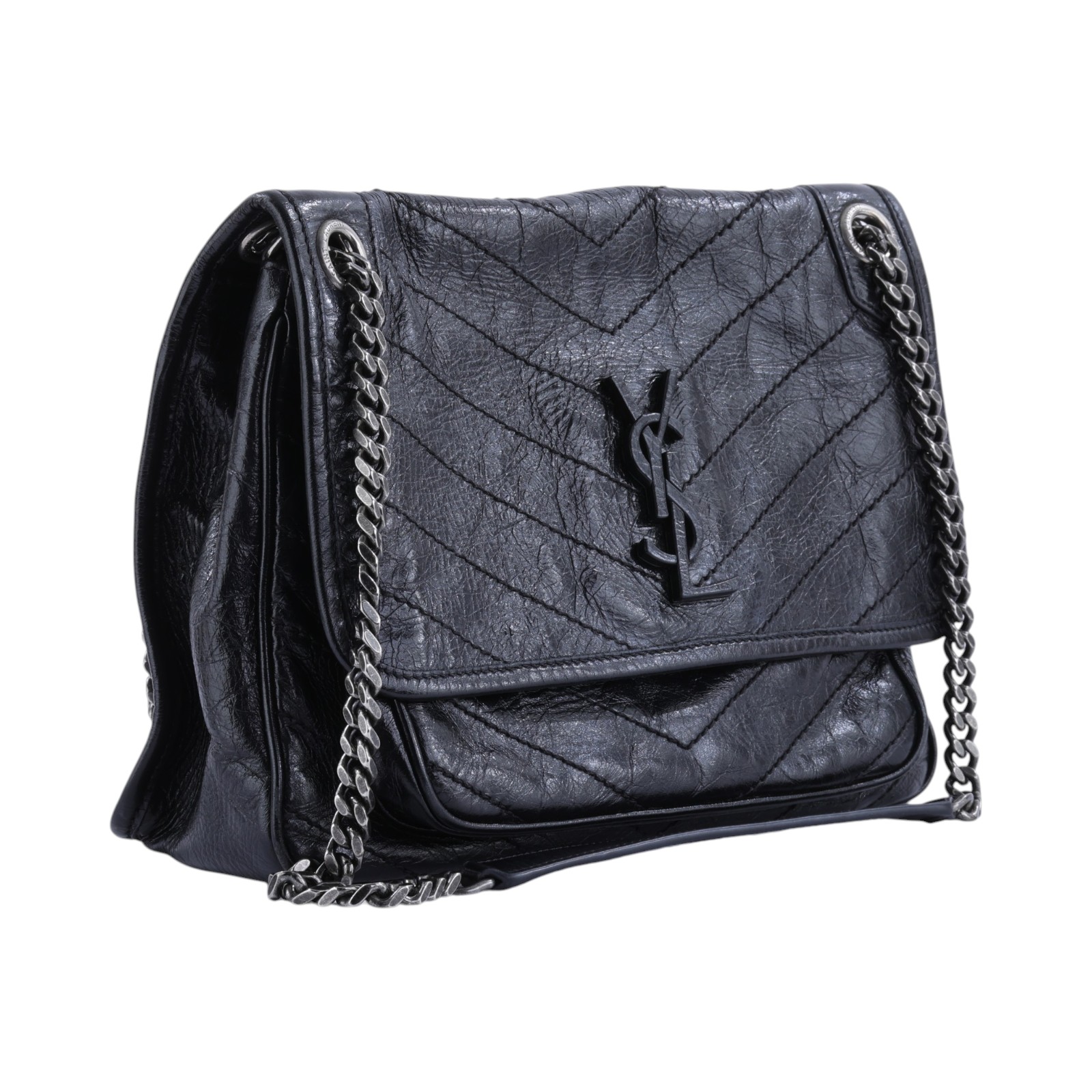 聖羅蘭 YSL SAINT LAURENT Niki 復古皮革 中型手袋 銀色五金 6331580EN04 黑NIKI中號 防塵袋