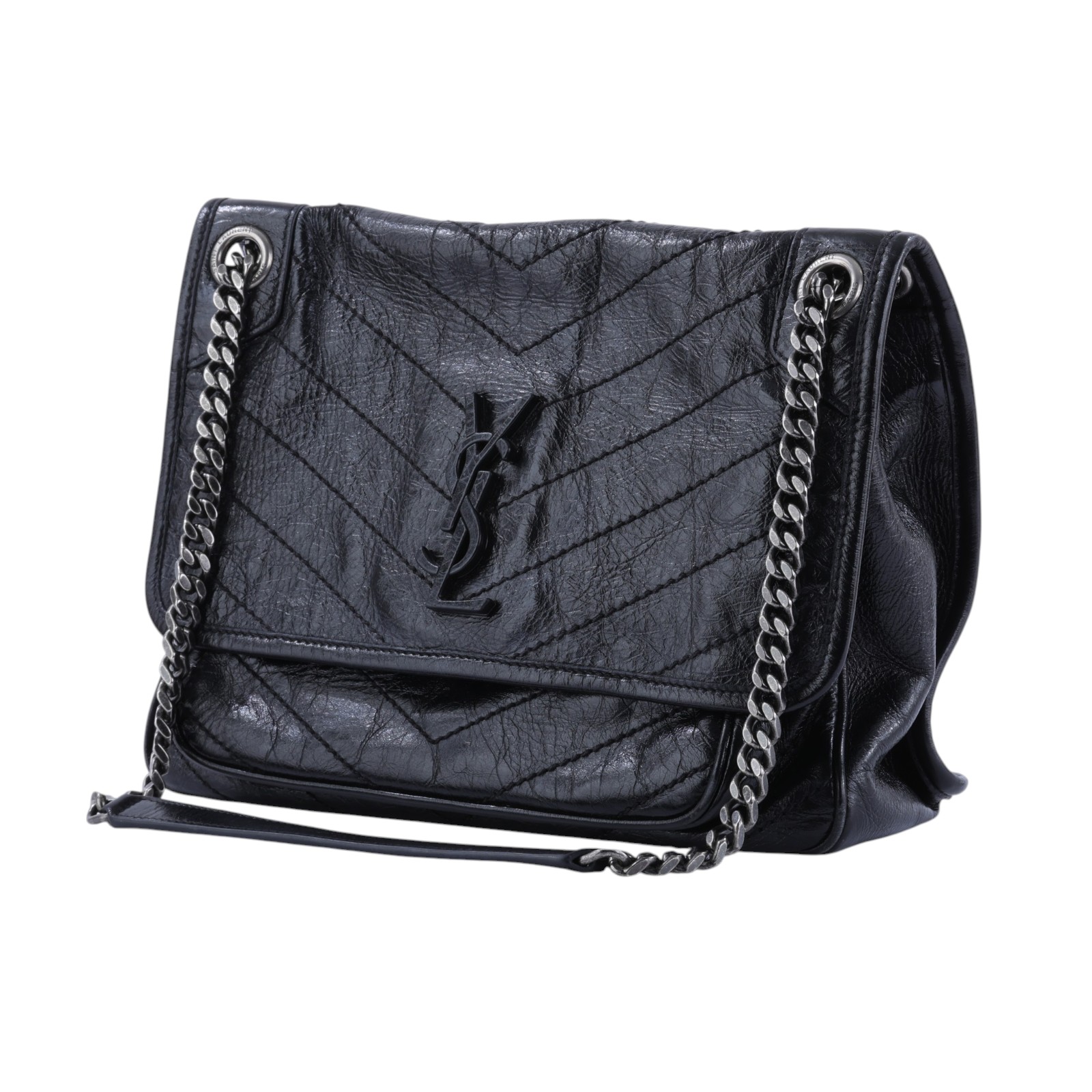 聖羅蘭 YSL SAINT LAURENT Niki 復古皮革 中型手袋 銀色五金 6331580EN04 黑NIKI中號 防塵袋