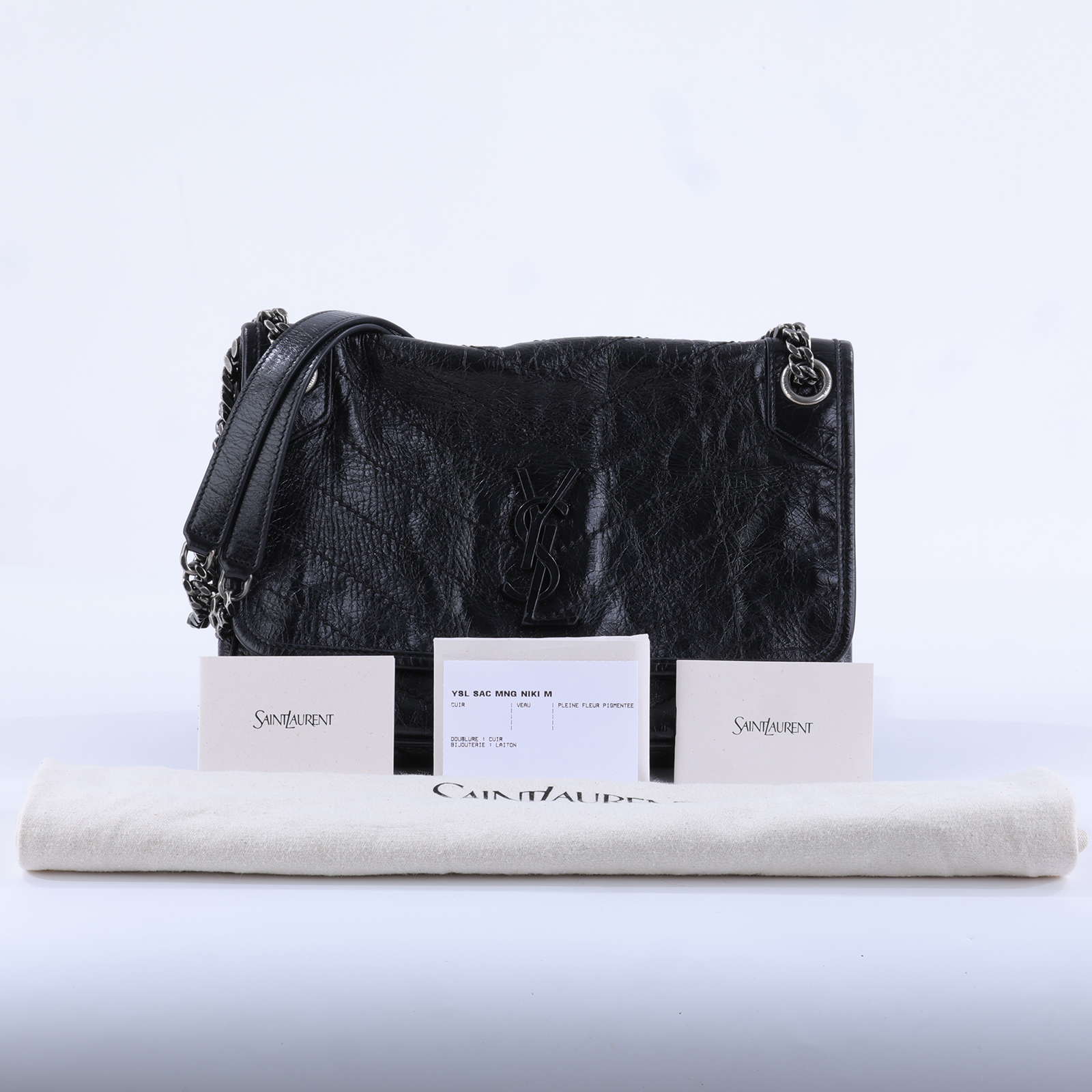 聖羅蘭 YSL SAINT LAURENT Niki 復古皮革 中型手袋 銀色五金 6331580EN04 黑NIKI中號 防塵袋