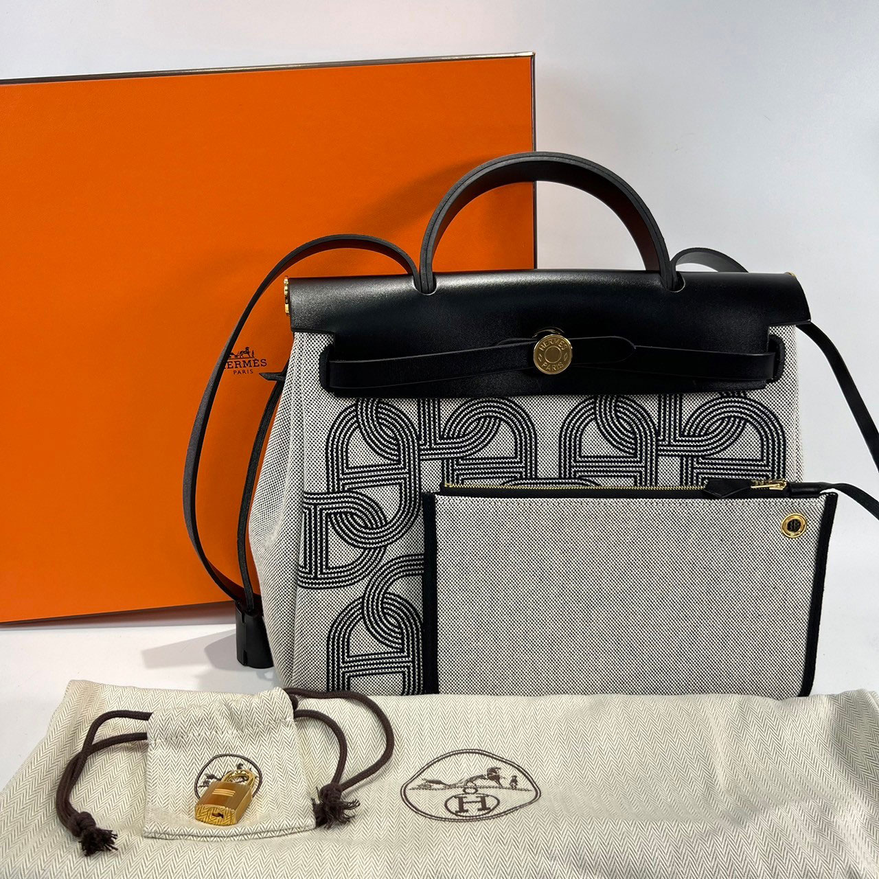 愛馬仕 Hermes Herbag PM HERPM B MN 007 KD B刻 黑圖騰帆布HERBAG 原廠盒子/防塵袋/內袋/鎖組