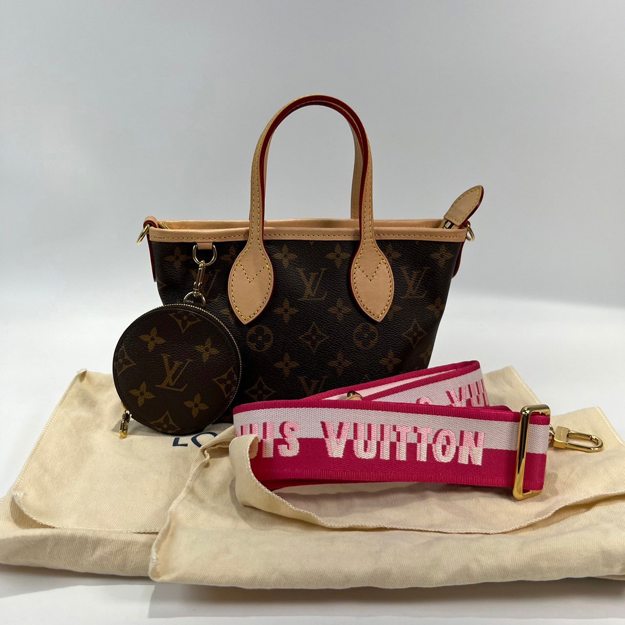 路易威登 LOUIS VUITTON Neverfull BB 手提 斜背包 粉色背袋 M46786 晶片款  防塵袋2/背帶/內袋