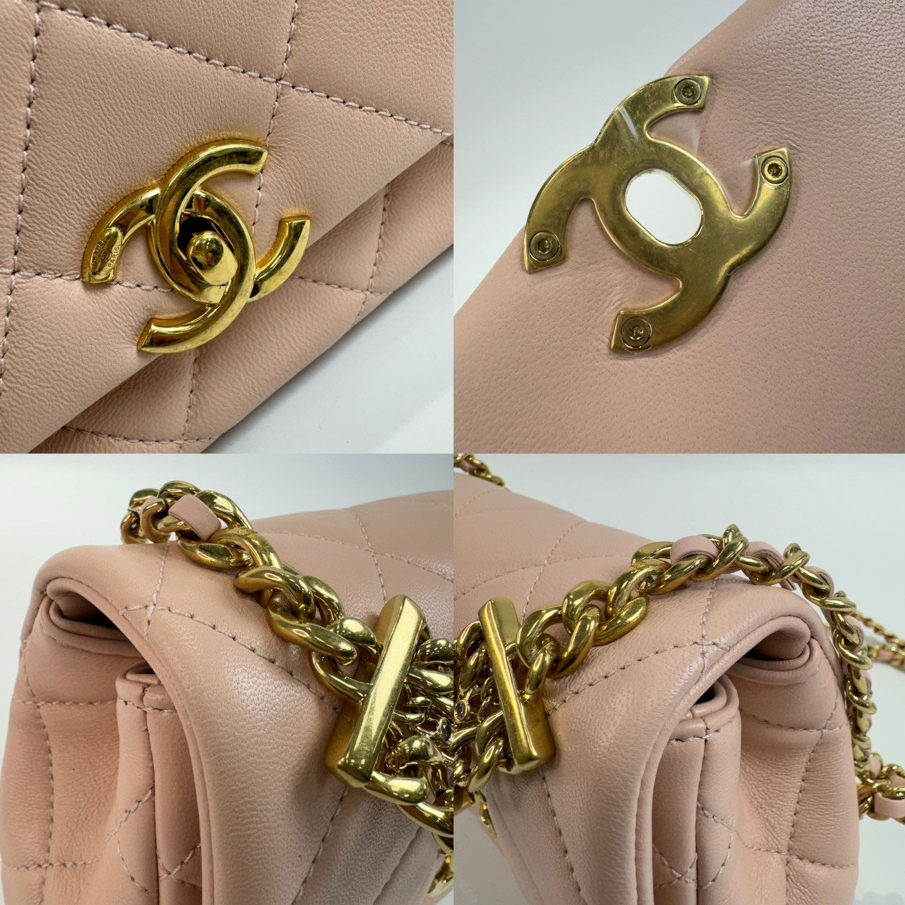 香奈兒CHANEL 迷你垂蓋手袋AS4595 晶片款粉金羊水鑽多鍊肩背包