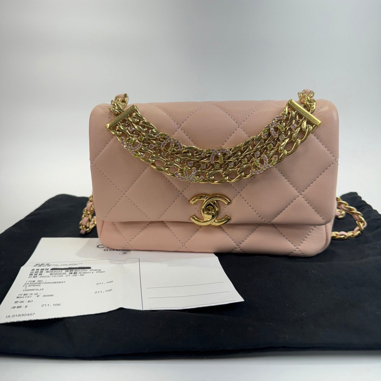 香奈兒CHANEL 迷你垂蓋手袋AS4595 晶片款粉金羊水鑽多鍊肩背包
