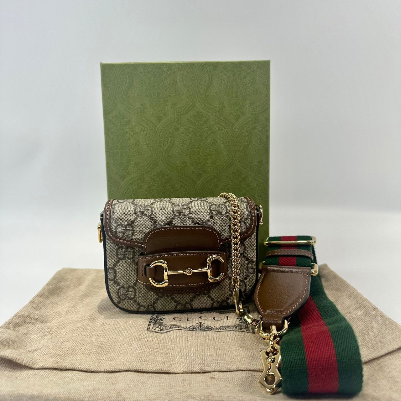 古馳 GUCCI Horsebit 1955 超迷你郵差包 699760 棕1955斜背包 MINI 原廠盒子/防塵袋/背帶2