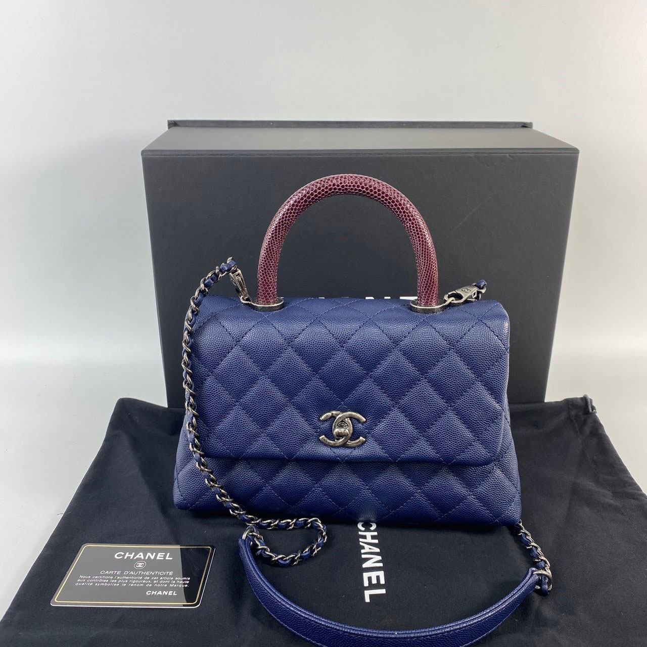 香奈兒 CHANEL Handle 24 手提 口蓋包 A92990 23開 藍金荔枝牛蜥蜴手把COCO HANDLE 24 原廠盒子/防塵袋/背帶/保證卡