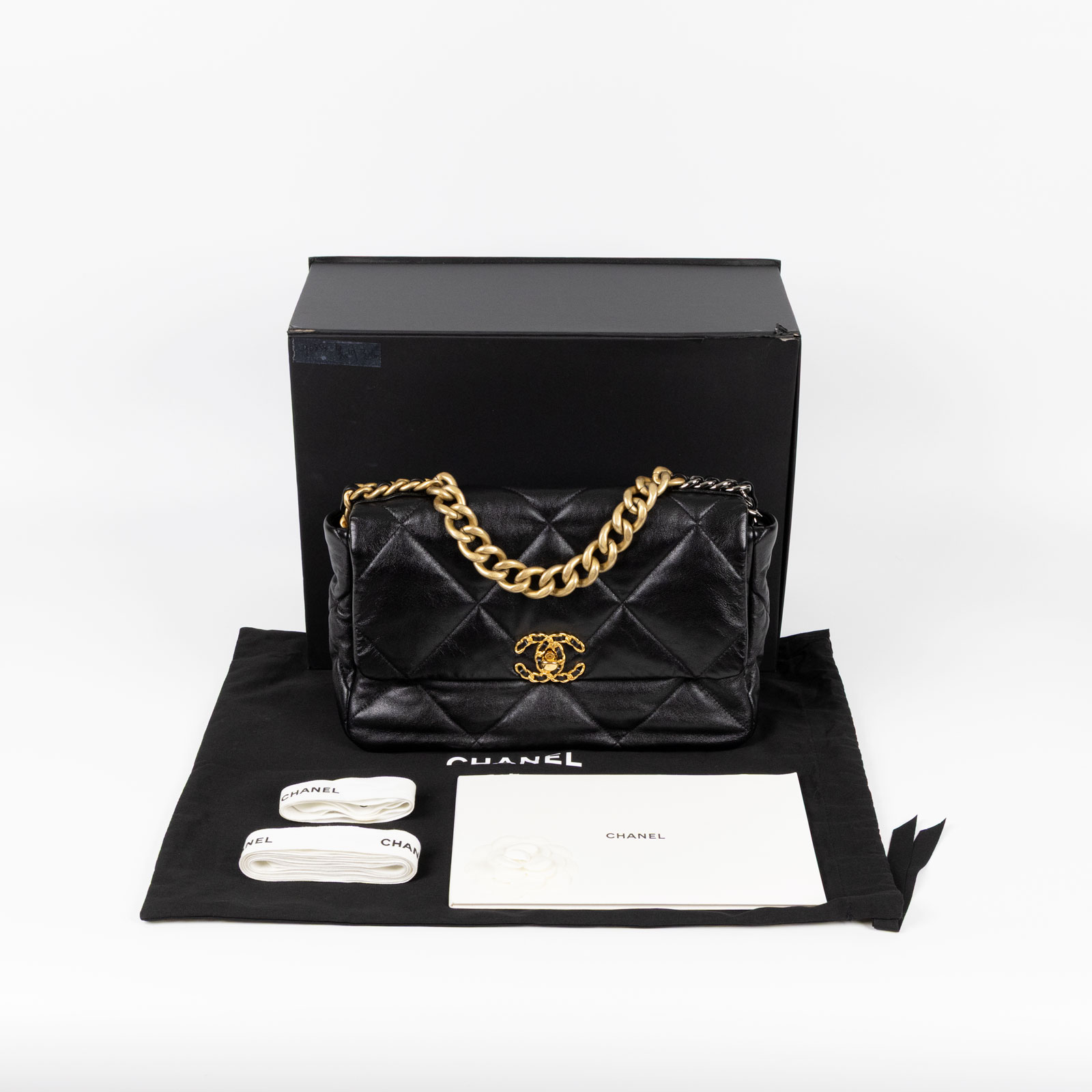 香奈兒 CHANEL 19 大型口蓋包  29開 黑金羊19包 30CM 原廠盒子/防塵袋/保證卡