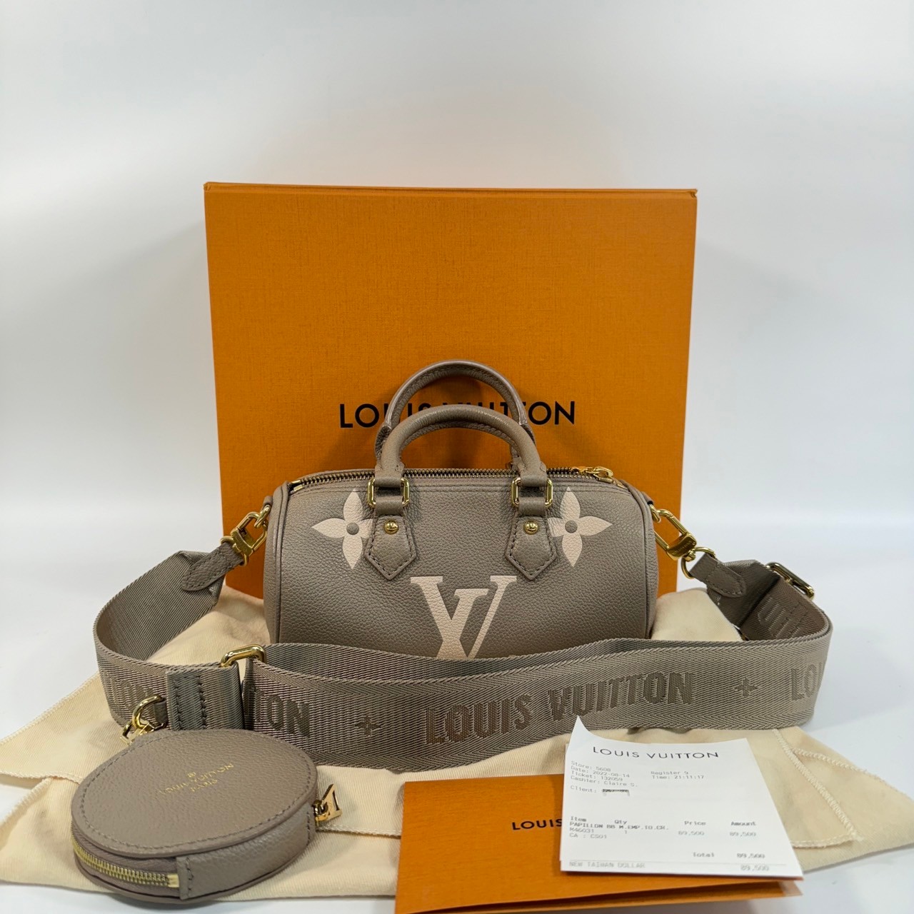 路易威登 LOUIS VUITTON Papillon BB 圓筒手提包 斑鳩灰色 M46031 晶片款  原廠盒子/防塵袋/背帶/內袋/購買證明