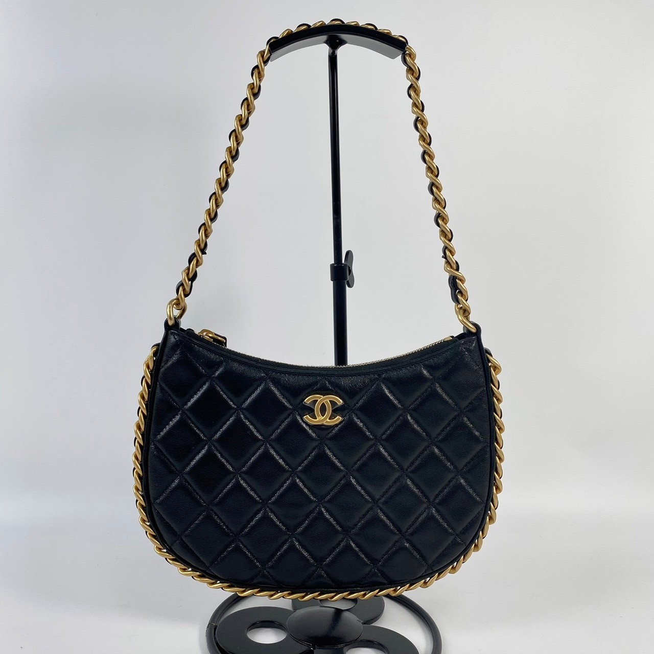 香奈兒 CHANEL cc logo 菱格紋 Hobo 嬉皮鏈條包 AP3486 晶片款 黑金牛HOBO肩背包 無附屬品
