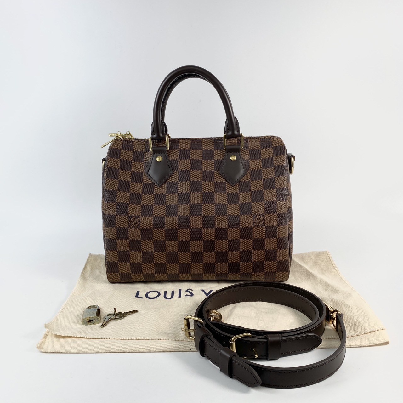 路易威登 LOUIS VUITTON Speedy Bandoulière  25 棕棋盤 手提 斜背 波士頓包 N41368 晶片款  防塵袋2/背帶/鎖組