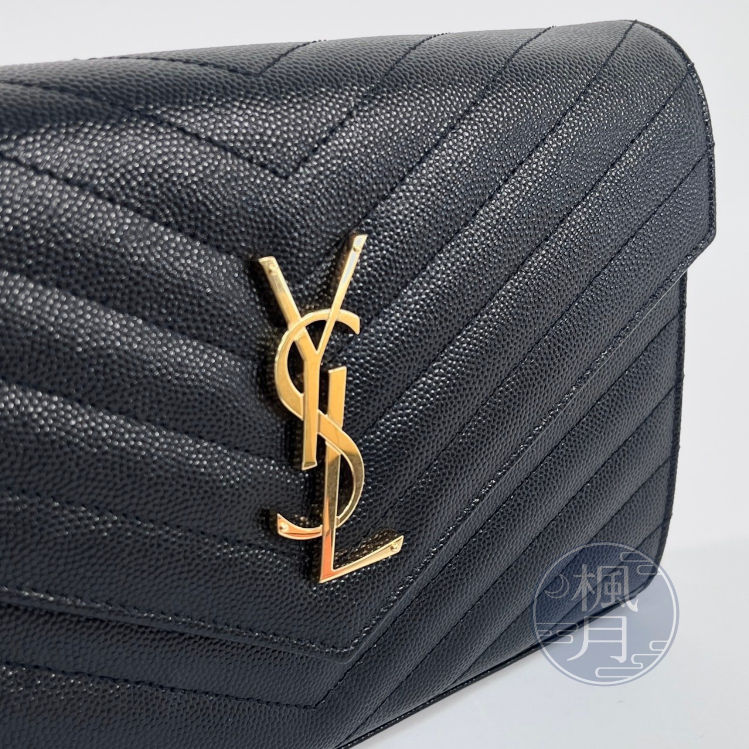 聖羅蘭 YSL SAINT LAURENT Cassandre 經典粒面皮革 鏈條 錢包 377828BOW01 黑金魚子醬WOC 原廠盒子/防塵袋/背帶