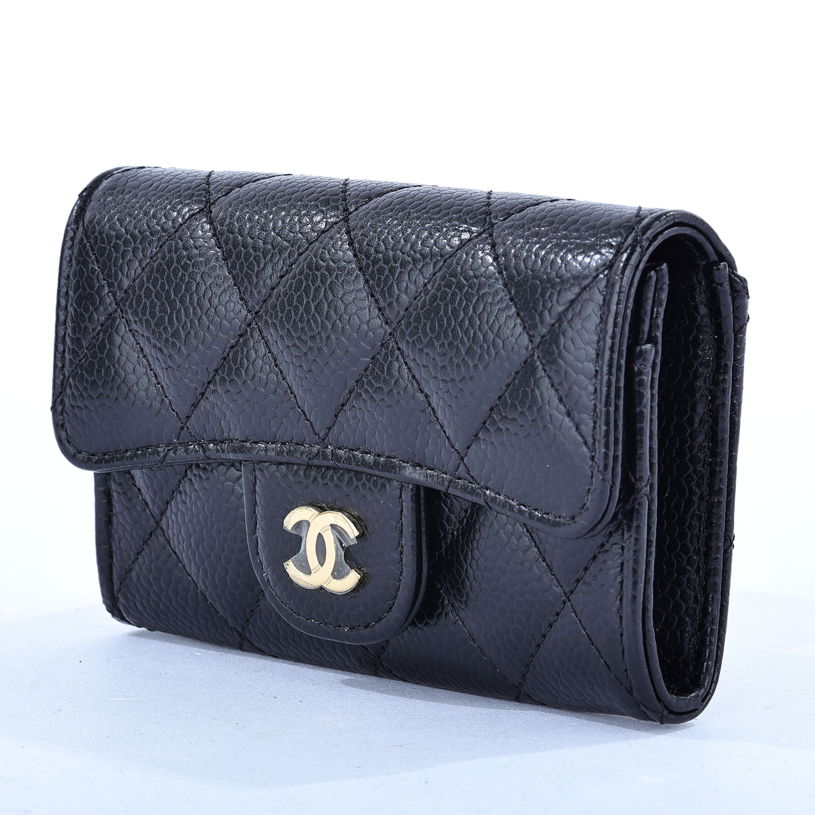 香奈兒 CHANEL 經典口蓋卡片夾 AP0214 黑金荔枝牛單層卡包 原廠盒子/防塵袋/購買證明