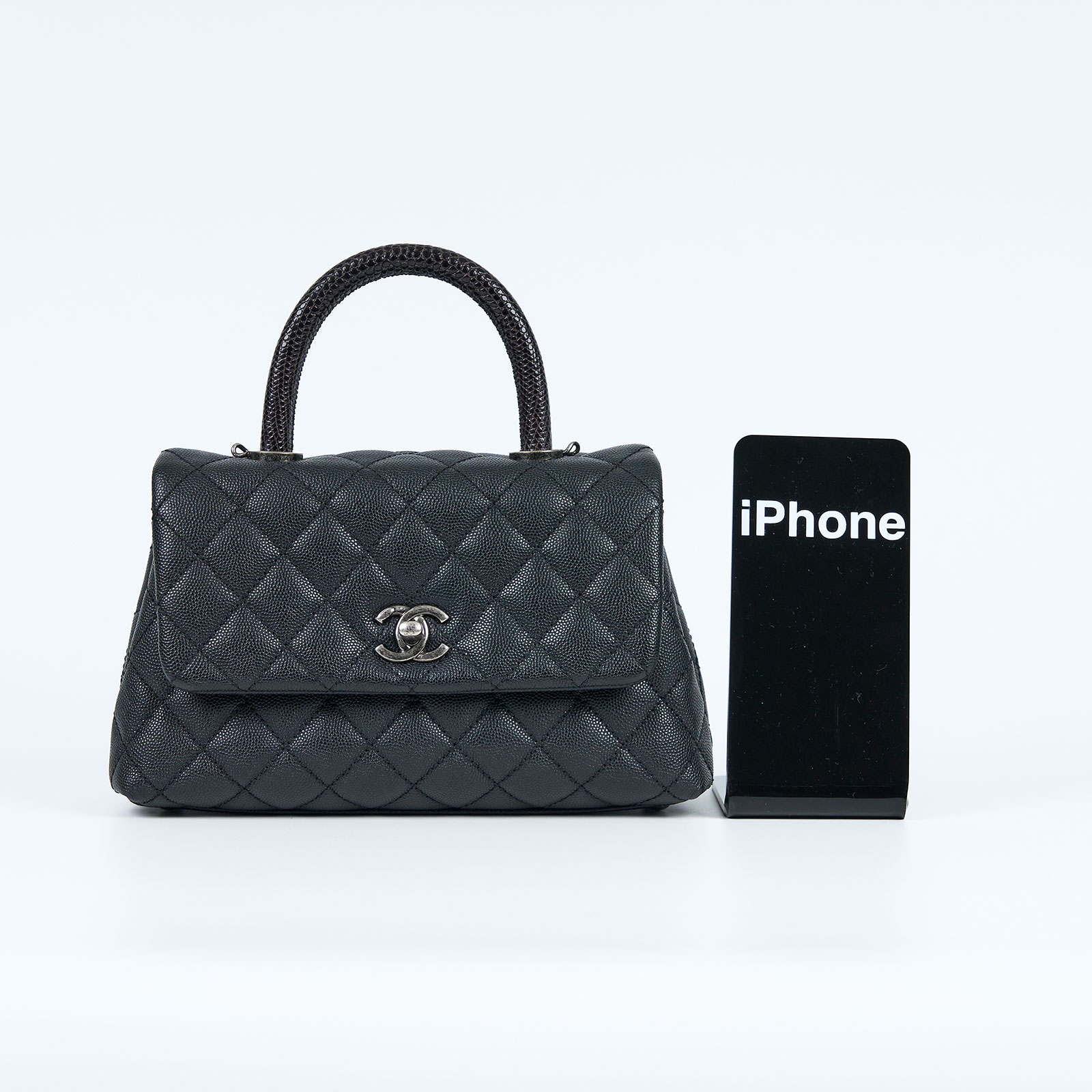 香奈兒 CHANEL Handle 24 手提 口蓋包 A92990 23開黑銀荔枝牛COCO HANDLE23 蜥蜴皮手把 原廠盒子/防塵袋