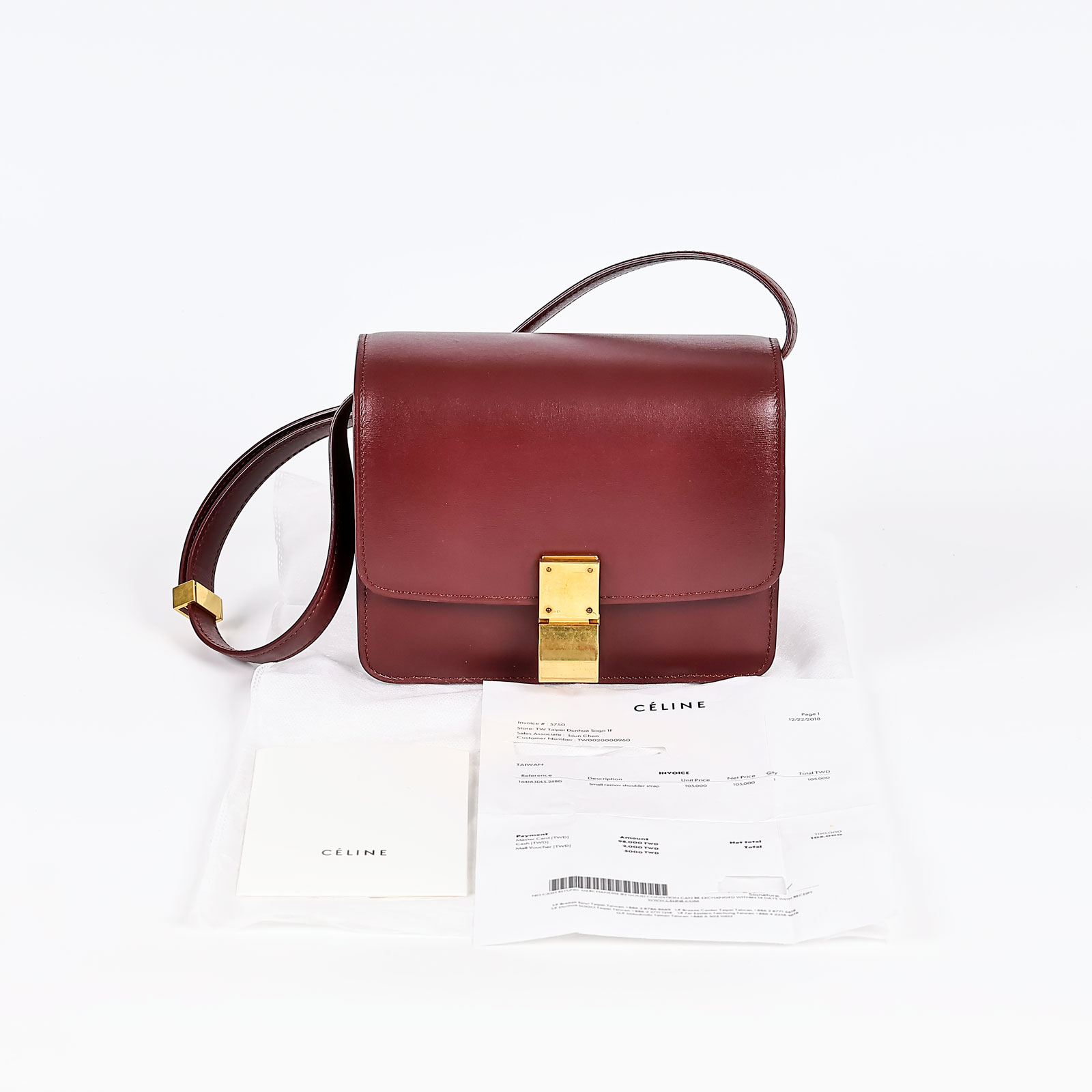 思琳 CELINE 小牛皮 小型 Classic 手袋 164183DLS 酒紅BOX SMALL 舊款 購買證明