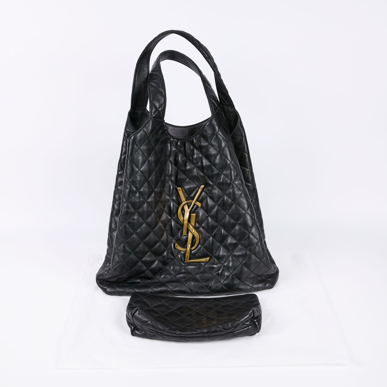 聖羅蘭 YSL SAINT LAURENT Icare 绗缝羊皮 購物袋 加大型 698651AAANG ICARE 黑金HOBO購物袋 內袋