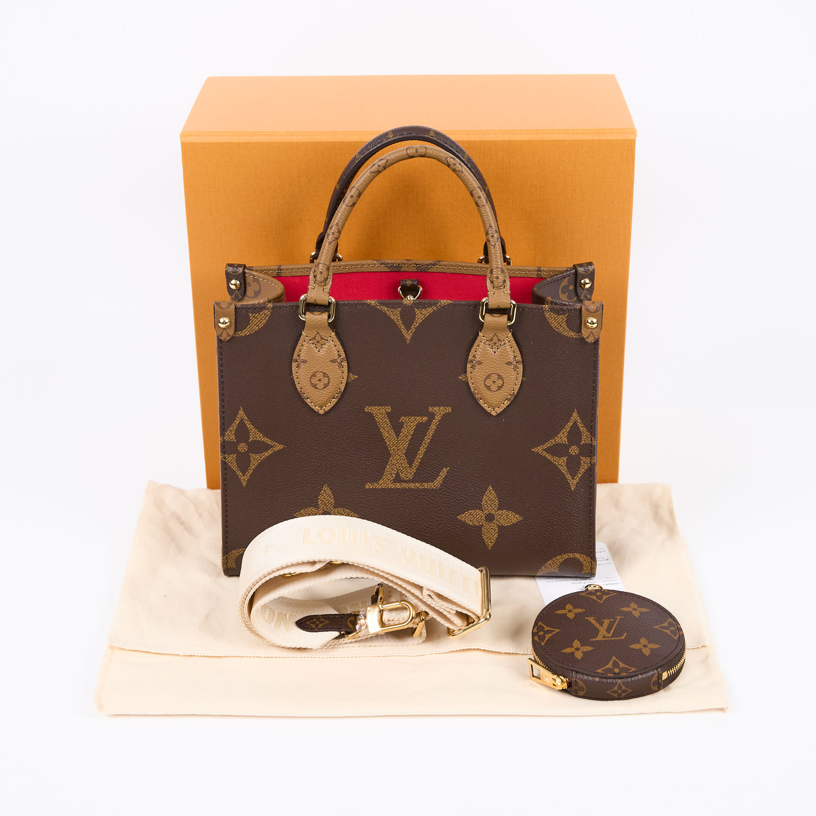 路易威登 LOUIS VUITTON OnTheGo PM 雙色帆布 手提 斜背包 M46373 晶片款 原花ON THE GO PM 原廠盒子/防塵袋