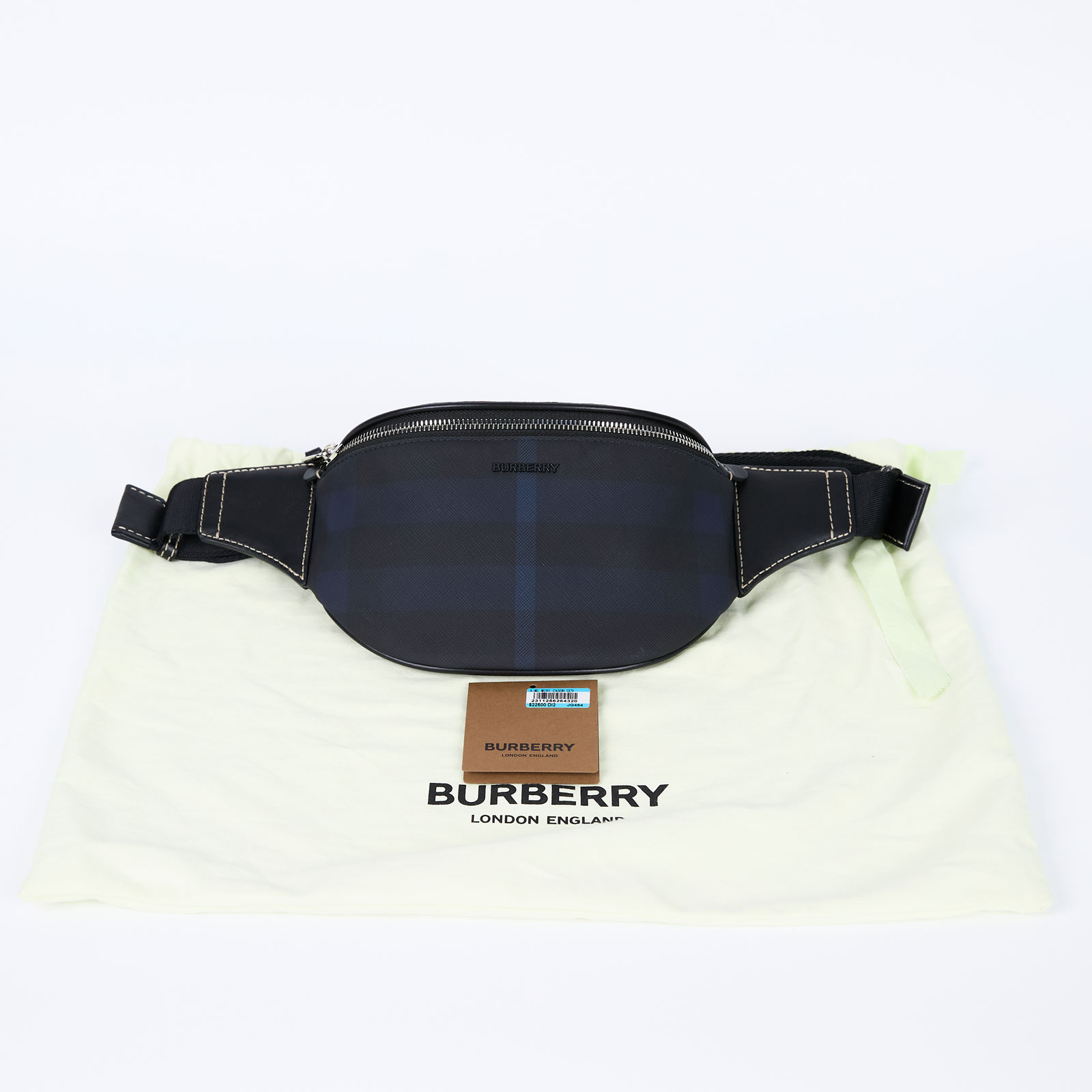 博柏利 BURBERRY Cason 尼龍 腰包 8059458 深藍拚黑格紋腰包 防塵袋