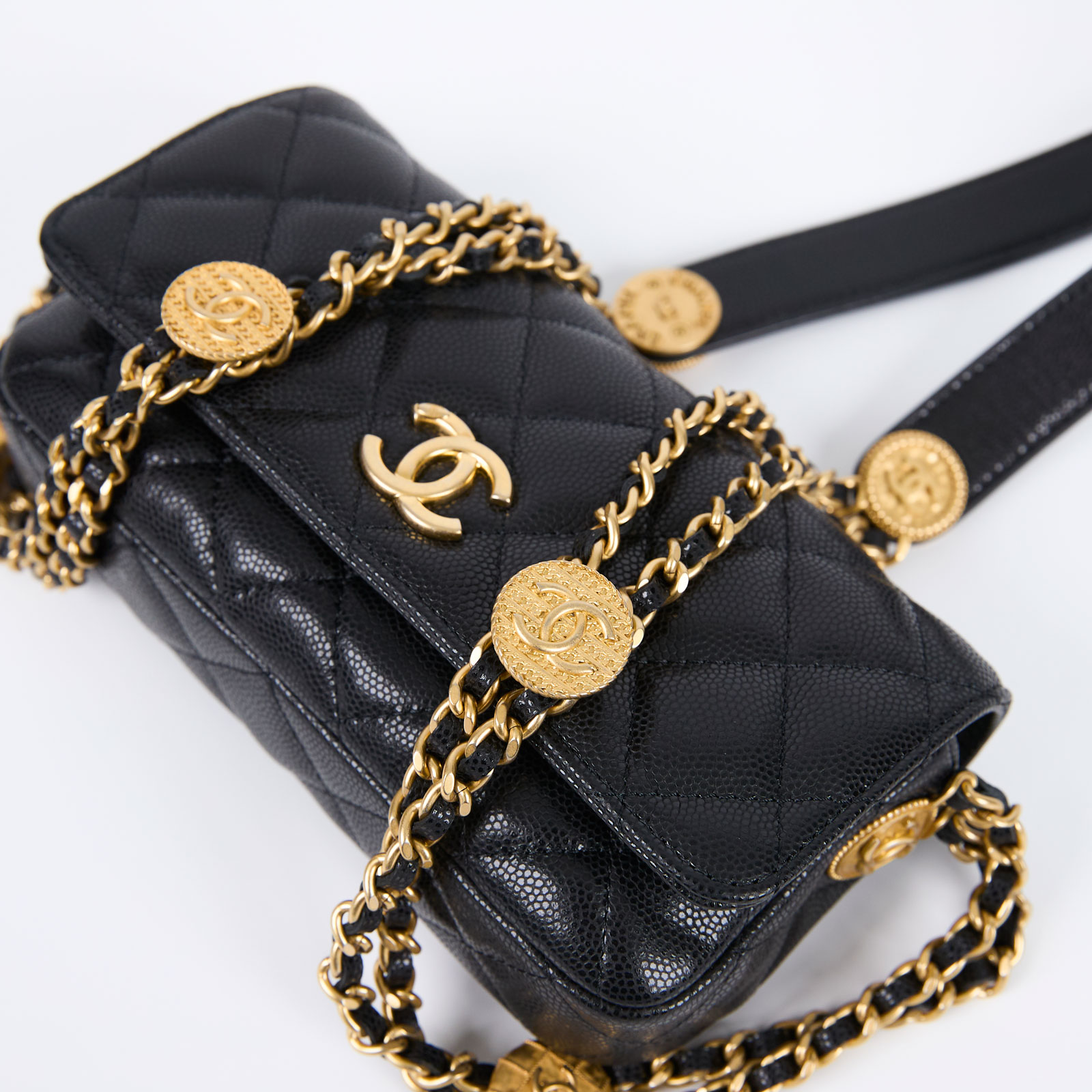 香奈兒 CHANEL cc logo 晚宴包 口蓋包 AP2860 晶片款 黑金荔枝金幣掀蓋手機包 原廠盒子/防塵袋