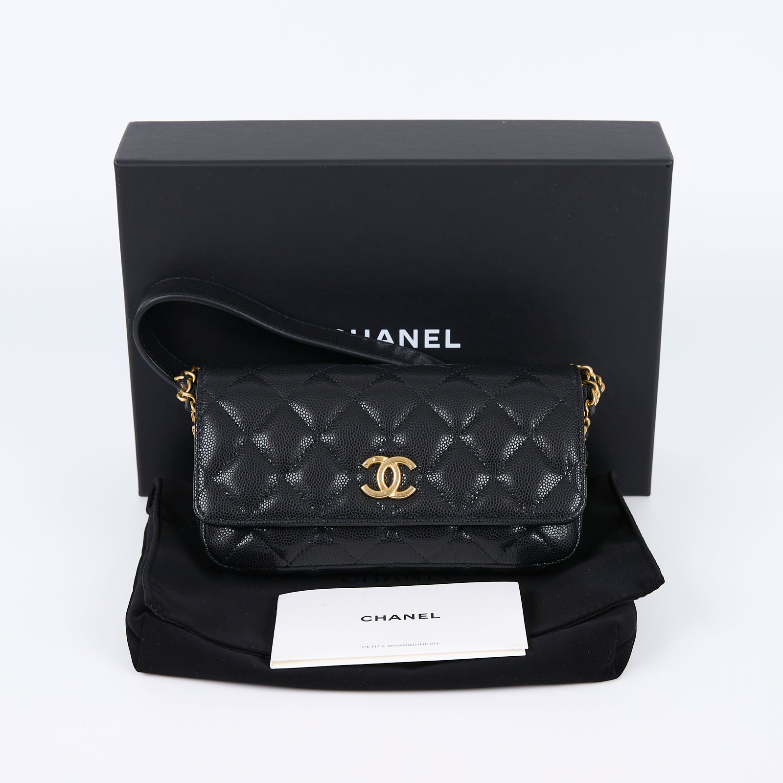 香奈兒 CHANEL cc logo 晚宴包 口蓋包 AP2860 晶片款 黑金荔枝金幣掀蓋手機包 原廠盒子/防塵袋