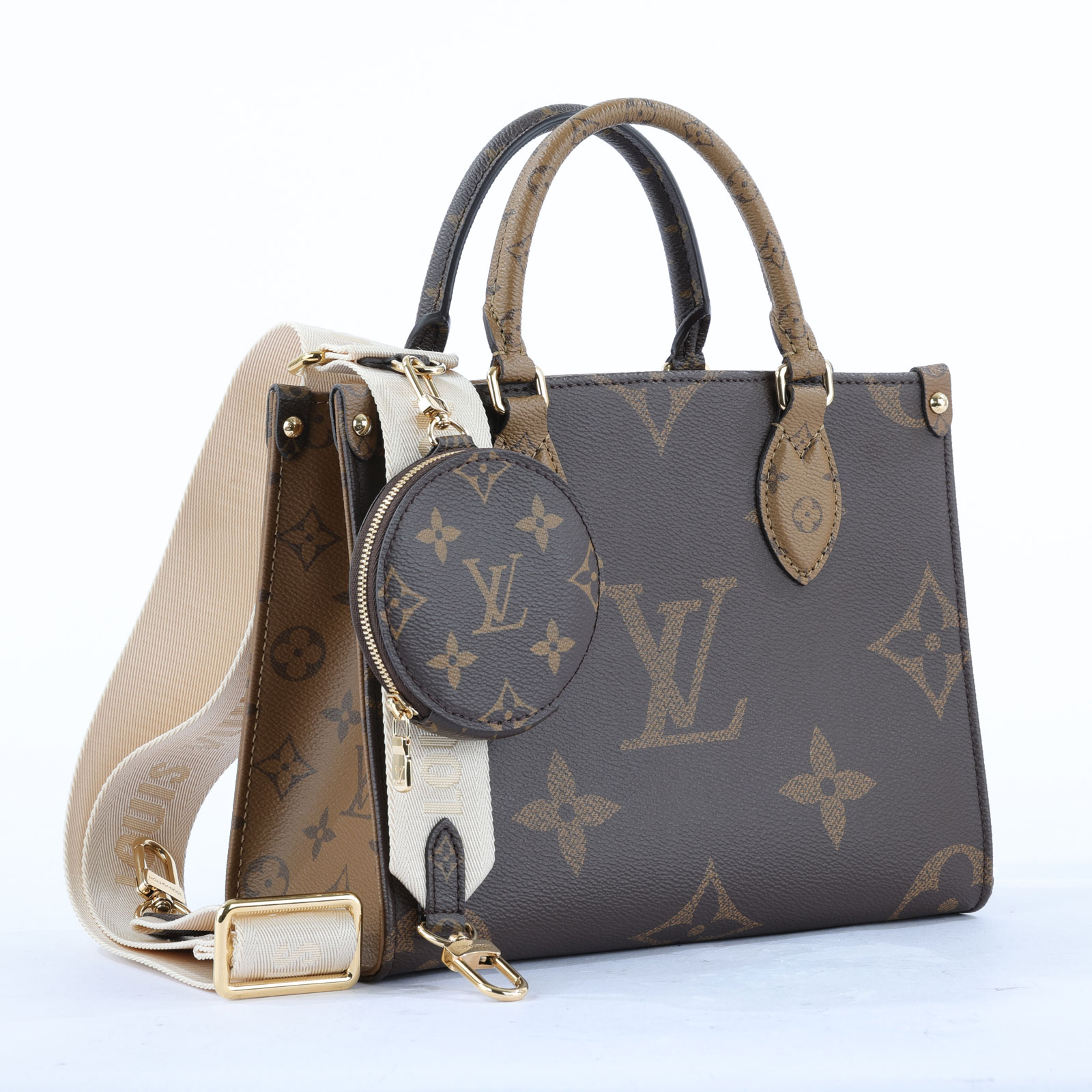 路易威登 LOUIS VUITTON OnTheGo PM 雙色帆布 手提 斜背包 M46373 晶片款  原廠盒子/防塵袋/背帶/內袋
