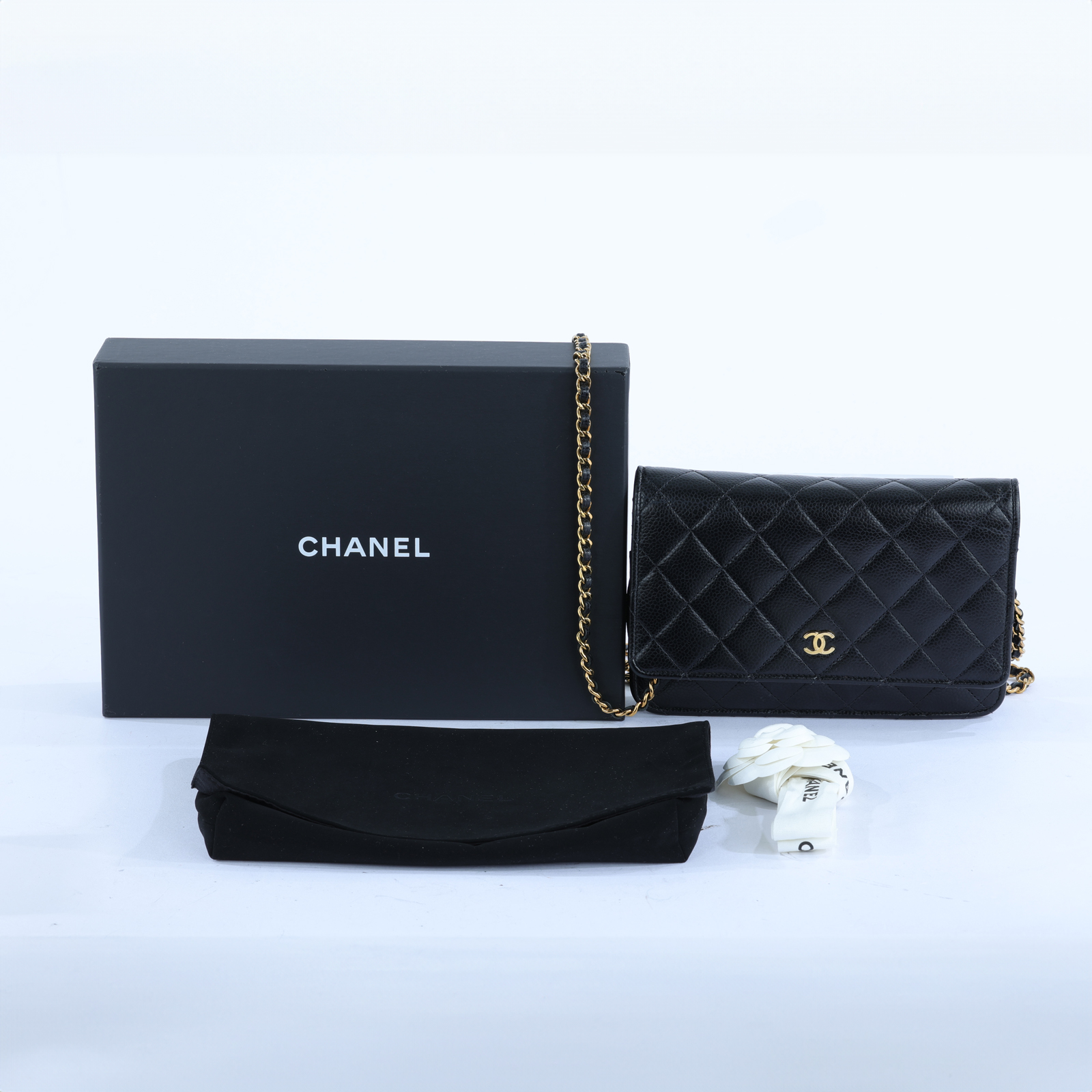 香奈兒 CHANEL 經典鏈子皮夾 菱格紋 CC LOGO AP0250 黑金荔枝WOC 原廠盒子/防塵袋