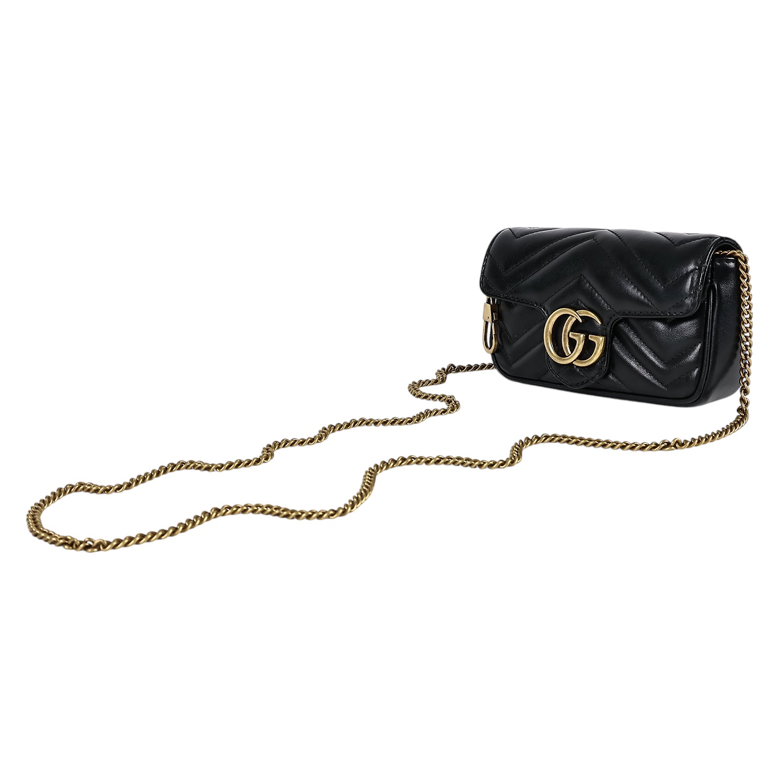 古馳 GUCCI GG Mormont 絎縫 超迷你袋 476433 黑金MARMONT 16.5CM 背帶