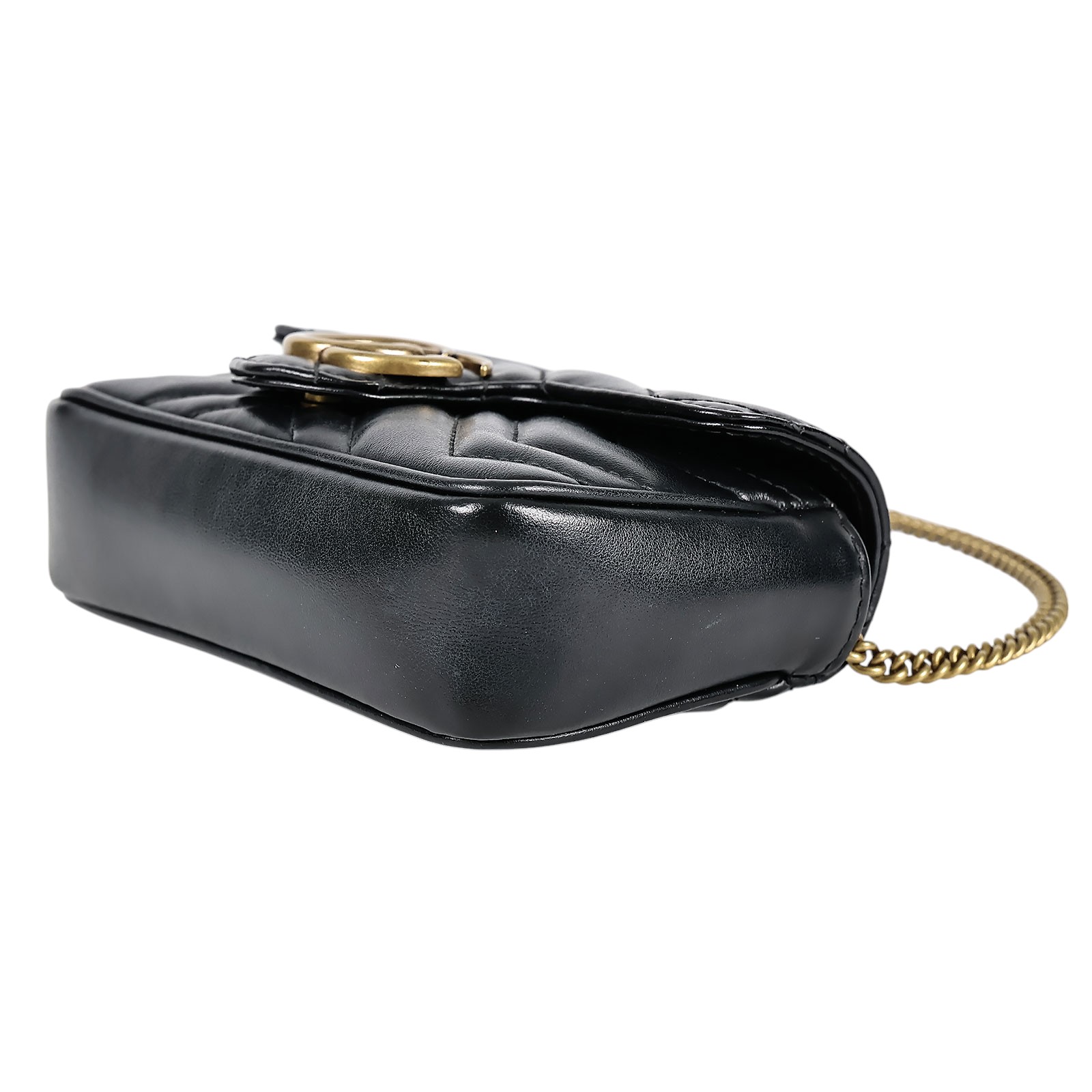 古馳 GUCCI GG Mormont 絎縫 超迷你袋 476433 黑金MARMONT 16.5CM 背帶