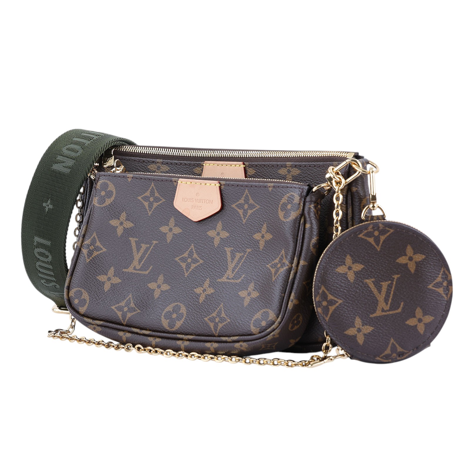 路易威登 LOUIS VUITTON Multi Pochette Accessoires 卡其 三合一 肩背 方包 M44813 晶片款  原廠盒子/防塵袋2/背帶2/內袋2/購買證明