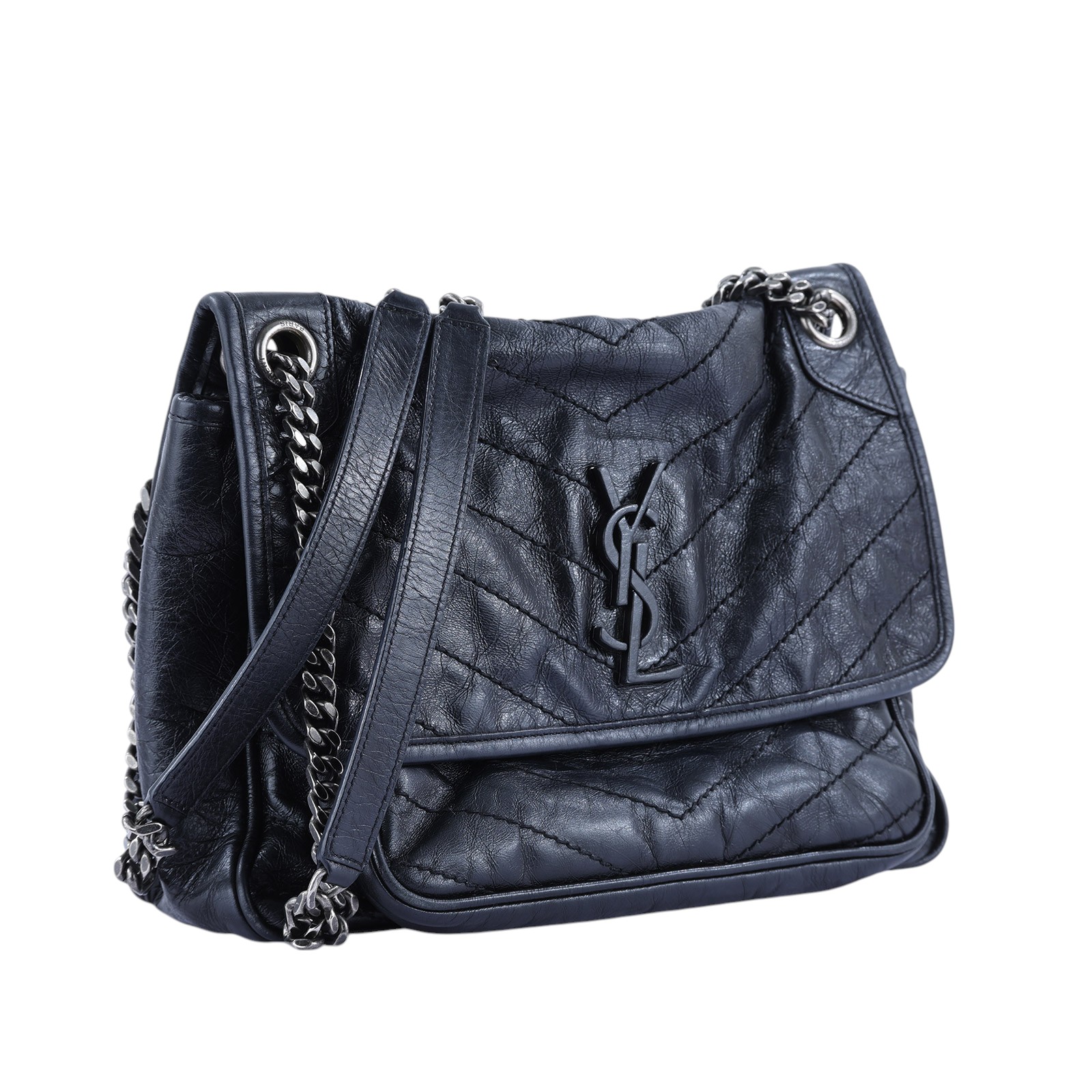聖羅蘭 YSL SAINT LAURENT NIKI  復古皮革 山型紋 翻蓋 肩背包 中號 4988940EN04 ☆深藍復古銀NIKI中號 無附屬品