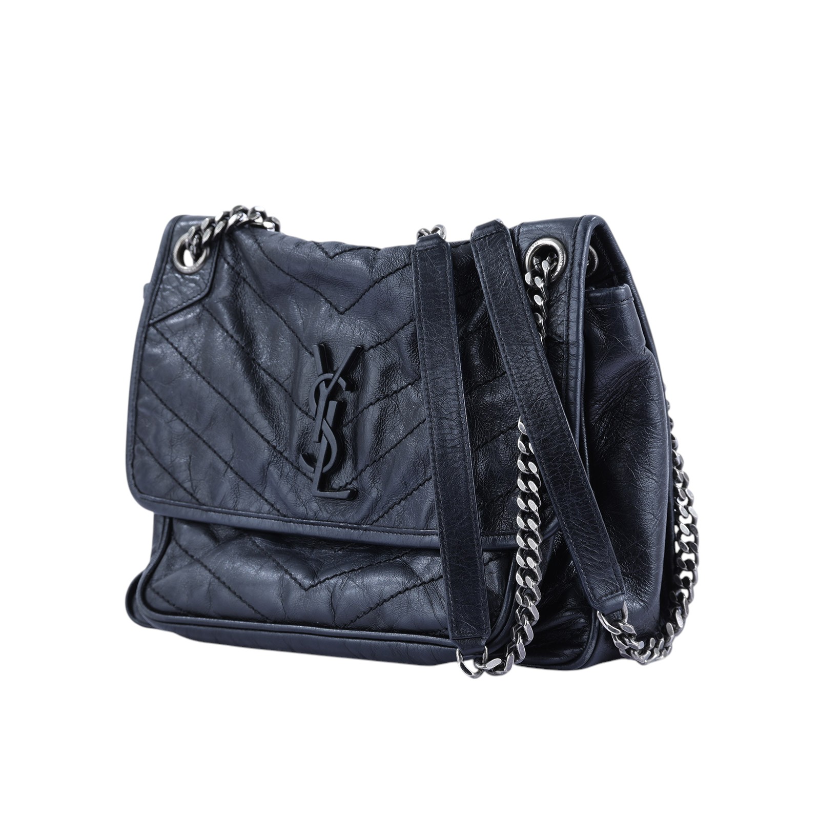 聖羅蘭 YSL SAINT LAURENT NIKI  復古皮革 山型紋 翻蓋 肩背包 中號 4988940EN04 ☆深藍復古銀NIKI中號 無附屬品