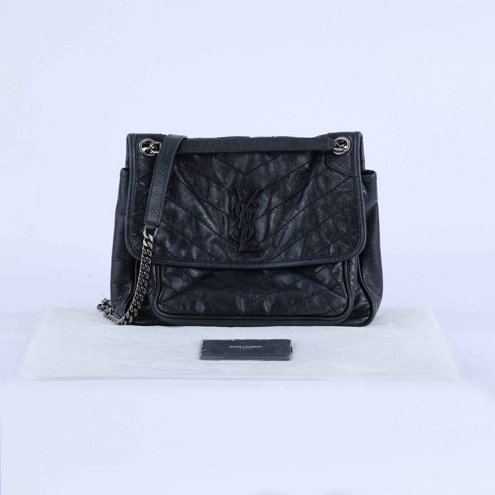 聖羅蘭 YSL SAINT LAURENT NIKI  復古皮革 山型紋 翻蓋 肩背包 中號 4988940EN04 ☆深藍復古銀NIKI中號 無附屬品