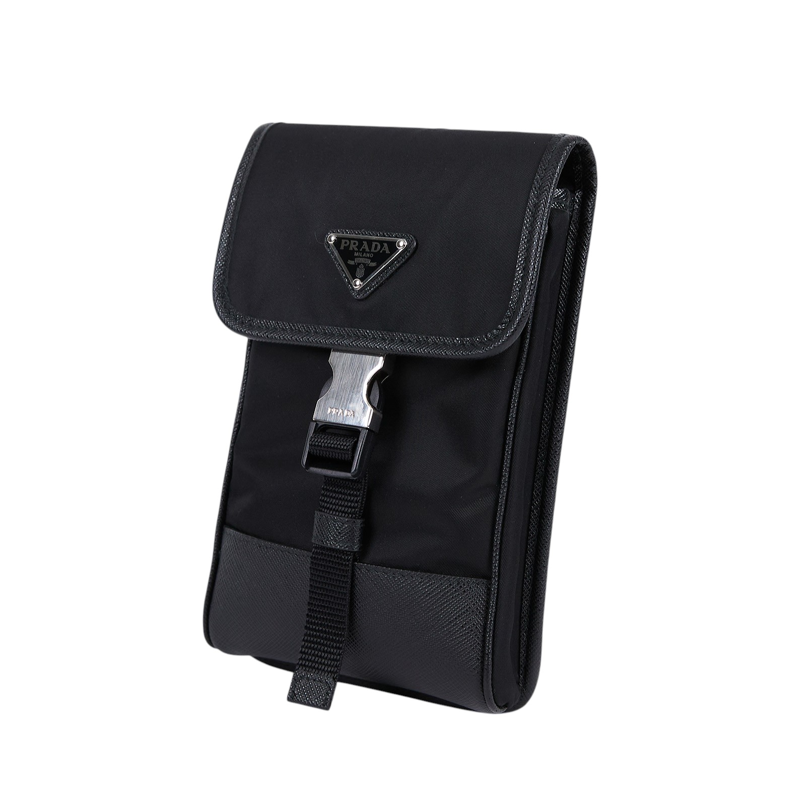 普拉達 PRADA Re-Nylon Saffiano 皮革 智慧型手機 保護套 2ZH109_2DMH 黑尼龍手機包 原廠盒子/保證卡/背帶