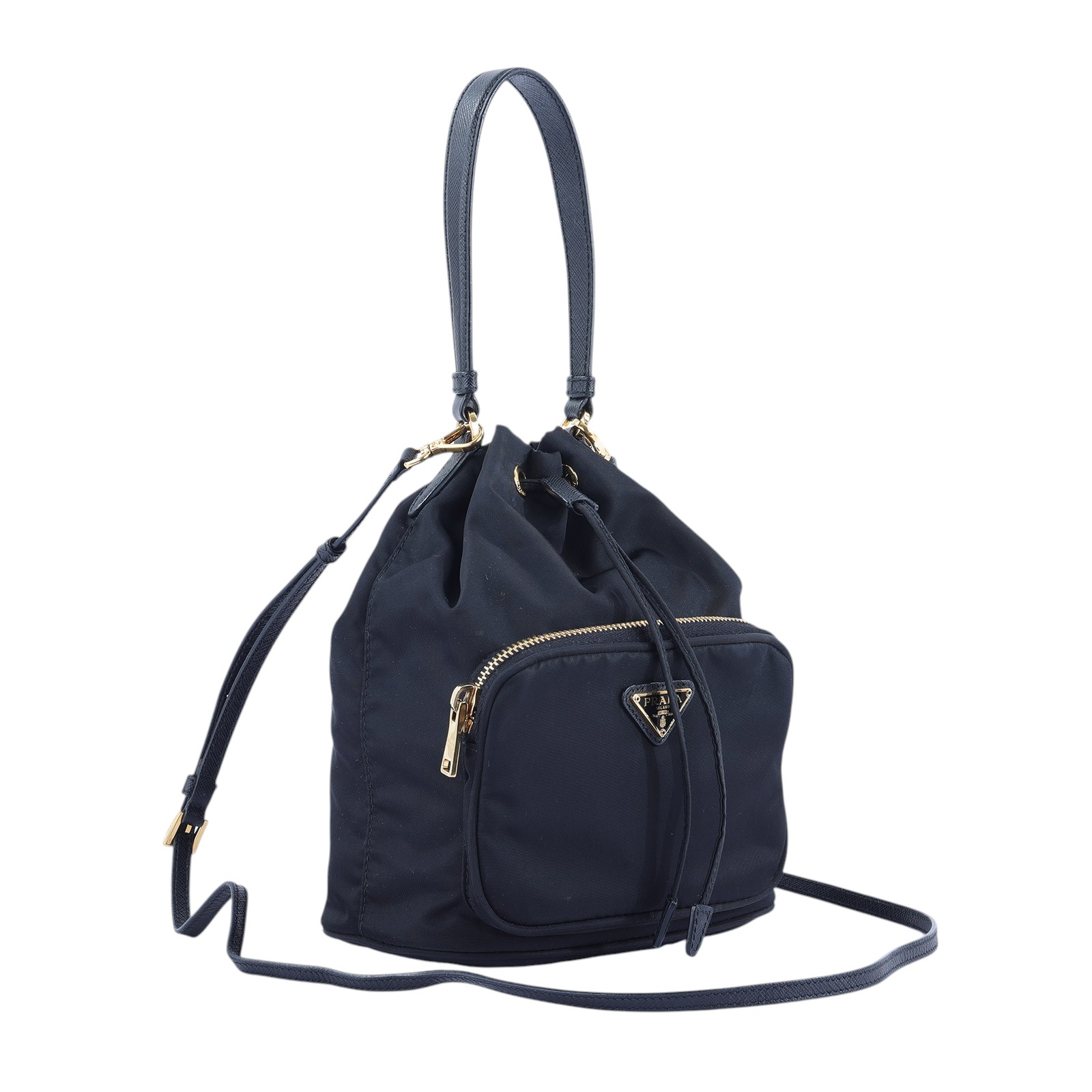 普拉達 PRADA Duet Re-Nylon 水桶袋 1BH038_RV44 黑金尼龍水桶包 防塵袋2/背帶/保證卡