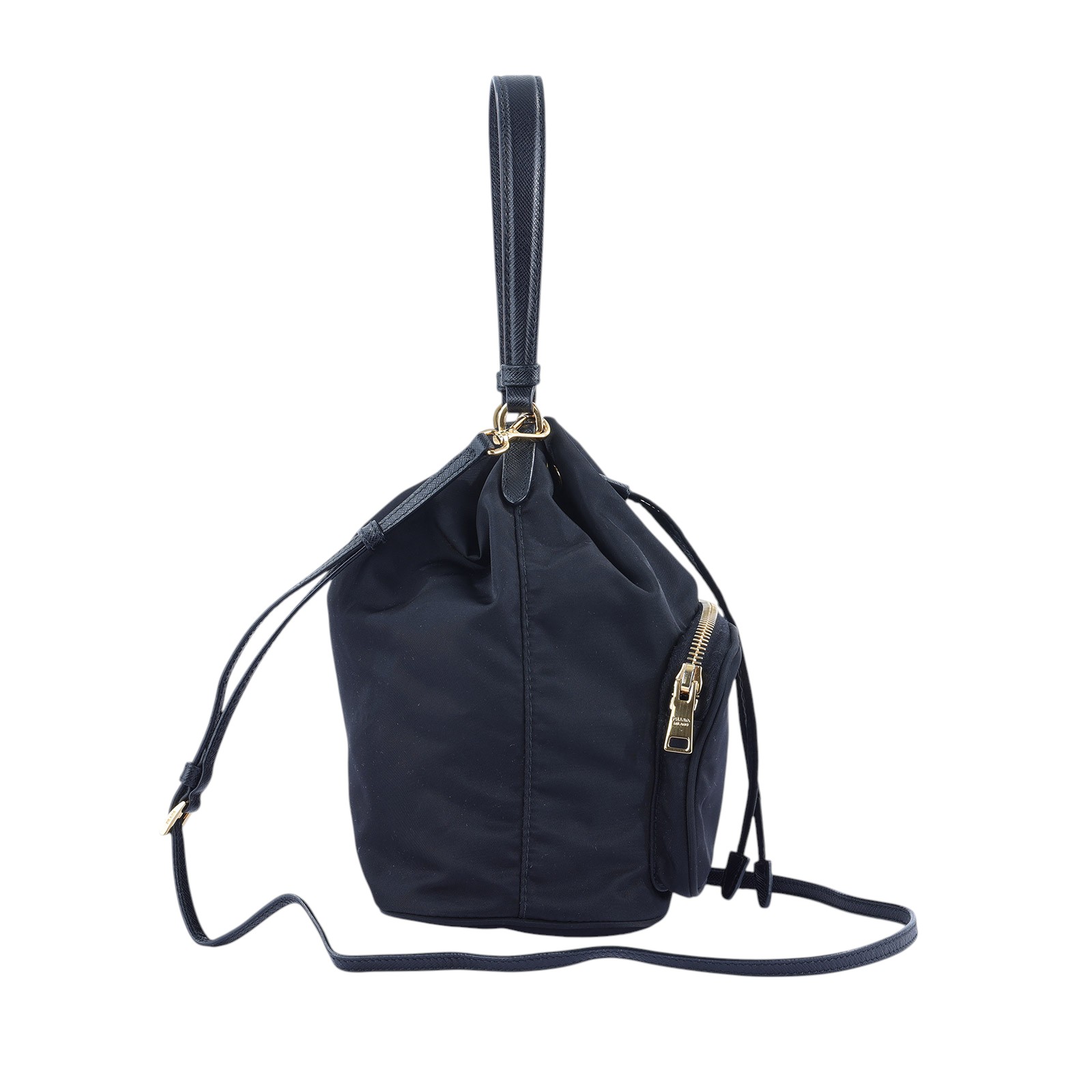 普拉達 PRADA Duet Re-Nylon 水桶袋 1BH038_RV44 黑金尼龍水桶包 防塵袋2/背帶/保證卡