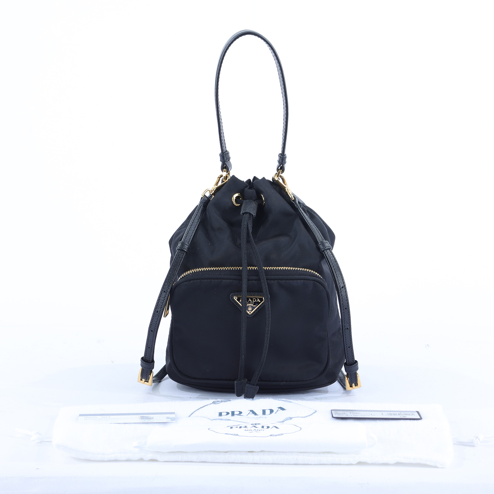 普拉達 PRADA Duet Re-Nylon 水桶袋 1BH038_RV44 黑金尼龍水桶包 防塵袋2/背帶/保證卡