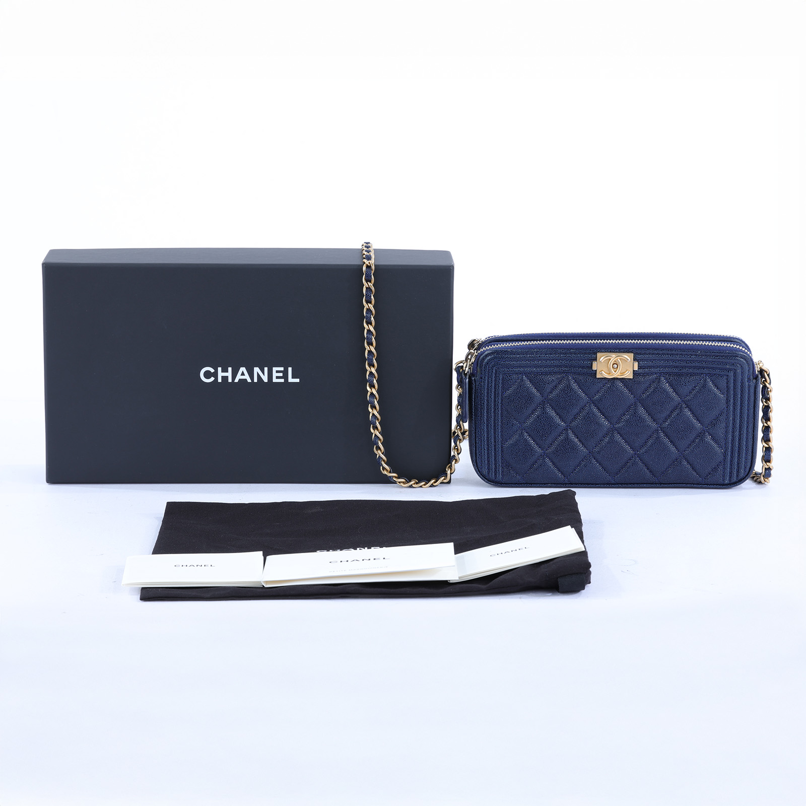 香奈兒 CHANEL BOY 鏈帶 肩背包 A84069 26開 深藍荔枝BOY雙層WOC 原廠盒子/防塵袋