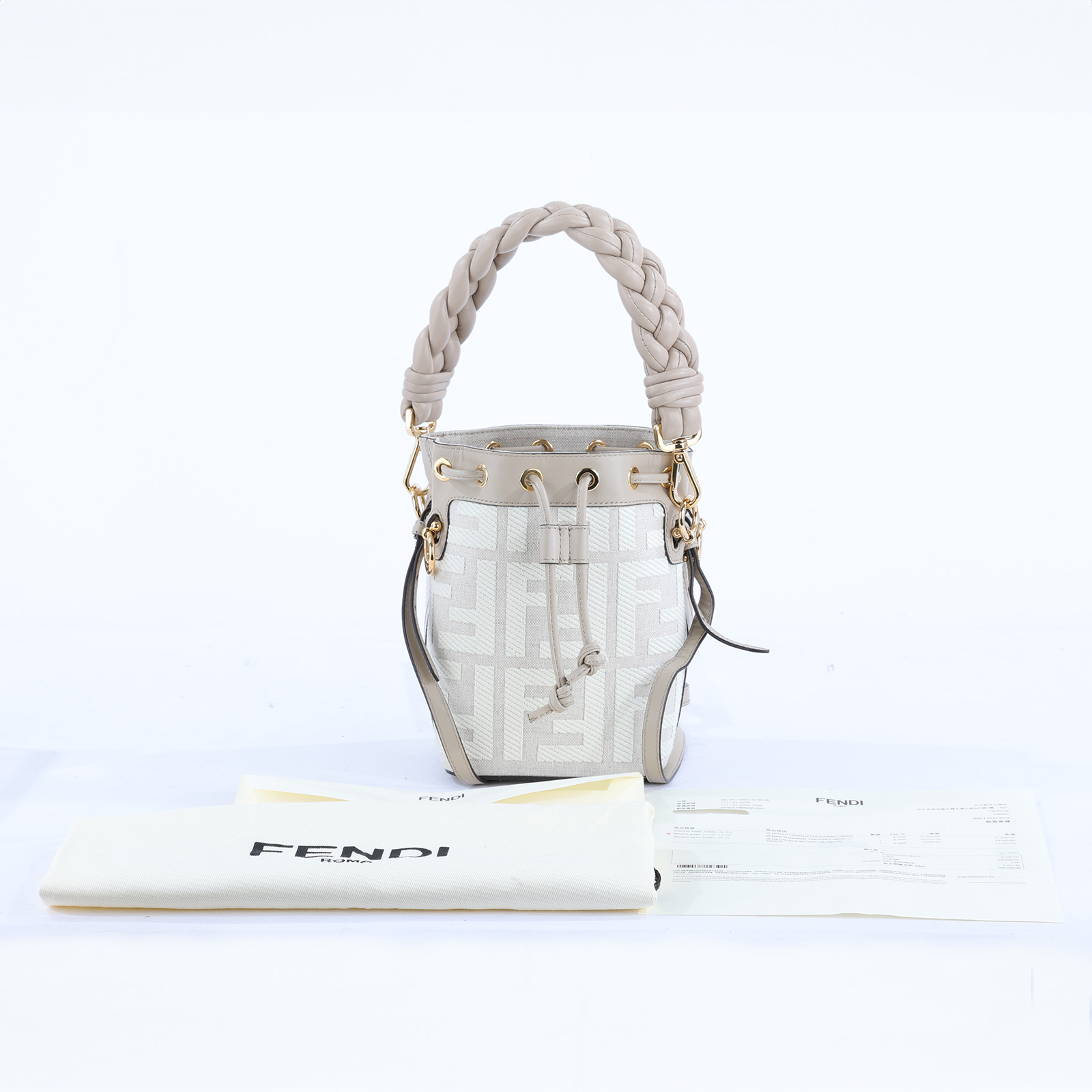 芬迪 FENDI Mon Tresor 皮革 迷你 手袋 8BS010AKKV 藕粉帆布FF水桶包 防塵袋/背帶x2/購買證明