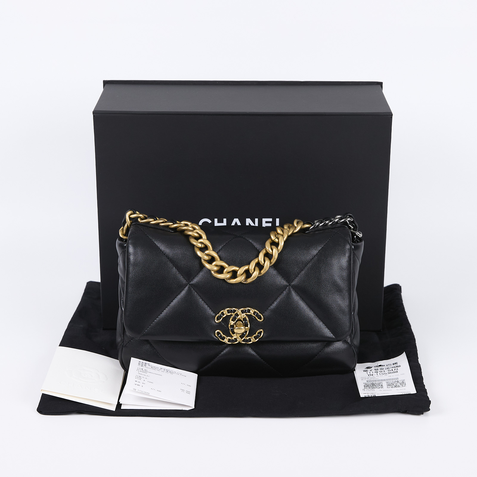 香奈兒 CHANEL 19 口蓋包 菱格紋 金銀鍊帶 手提 肩背包 AS1160 晶片款 黑金19包 26CM 原廠盒子/防塵袋/購買證明/發票