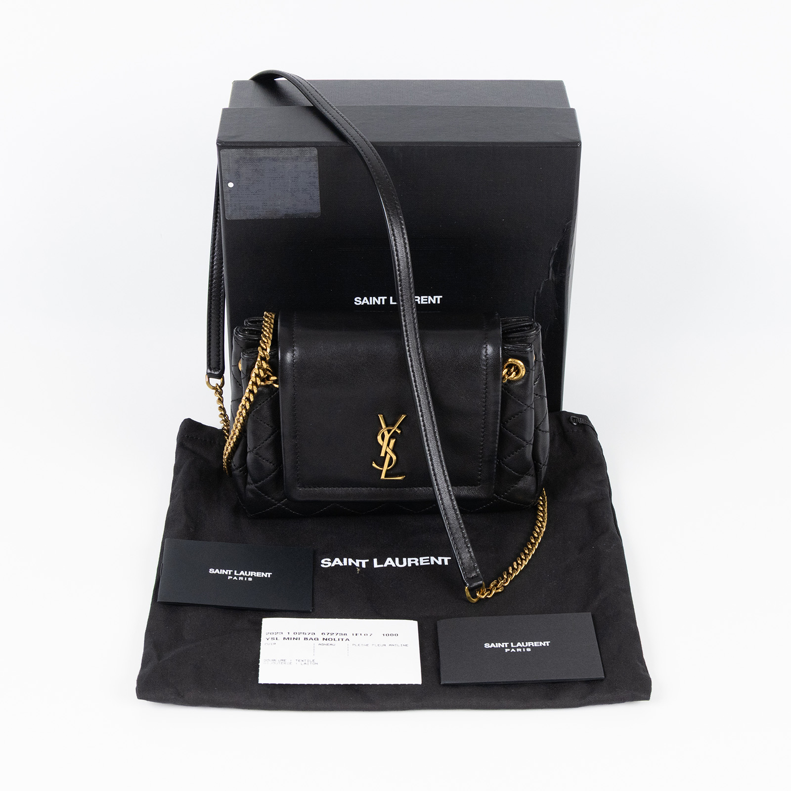 聖羅蘭 YSL SAINT LAURENT Nolia 小羊皮 迷你 手袋 肩背包 6727381EL07 黑金MINI NOLITA肩背包 原廠盒子/防塵袋