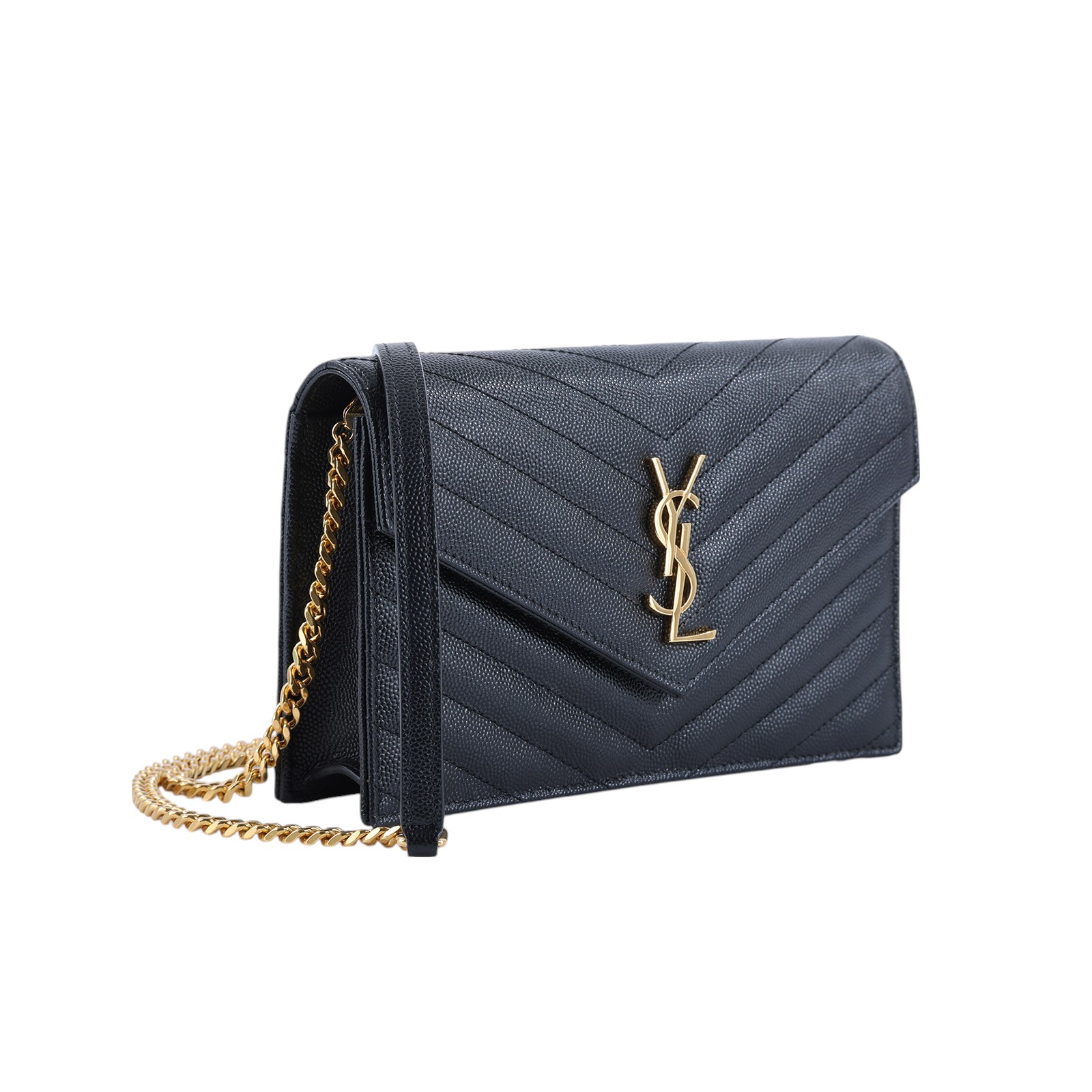 聖羅蘭 YSL SAINT LAURENT Cassandre 信封袋式 鏈條 錢包 742920BOW01 黑金魚子醬WOC 背帶