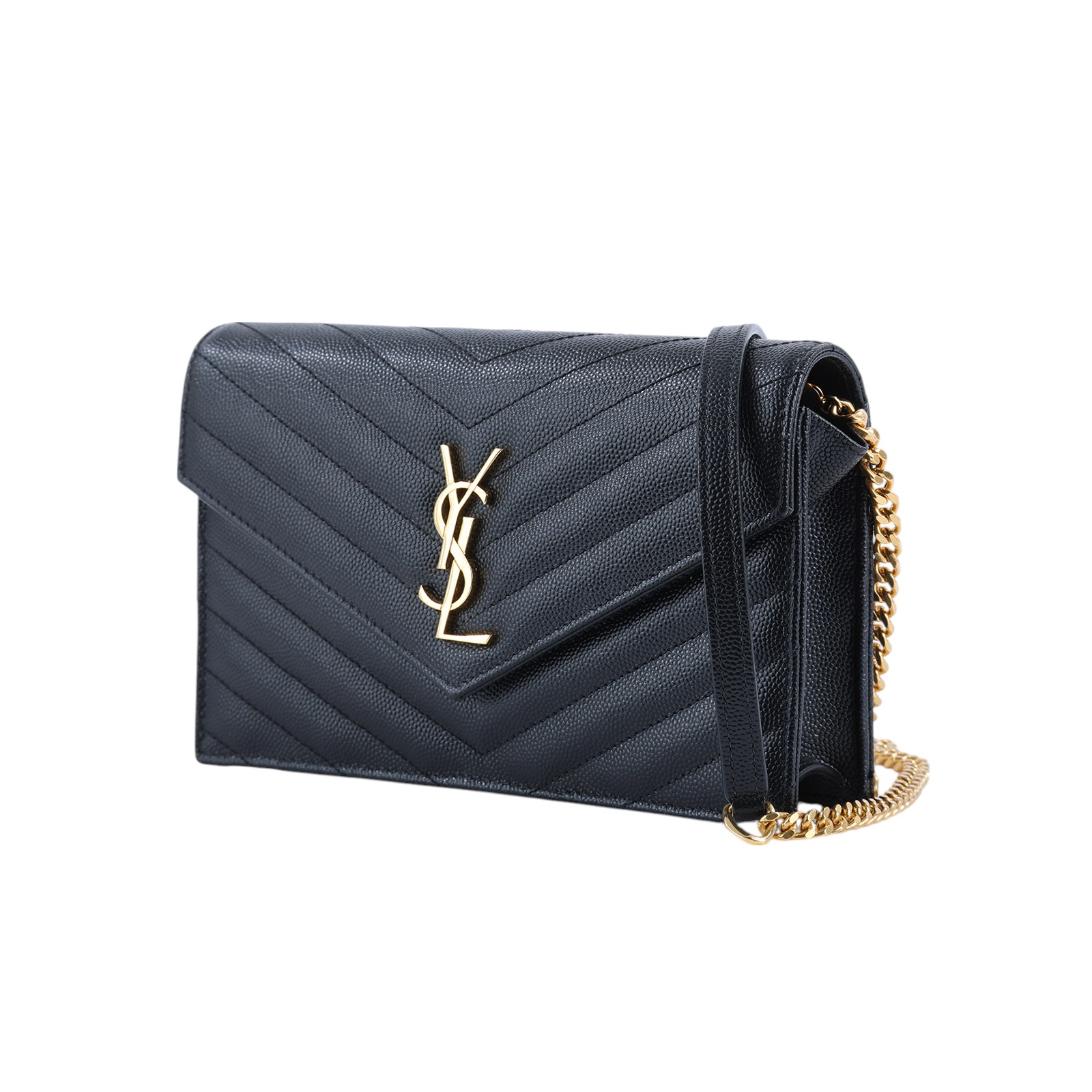 聖羅蘭 YSL SAINT LAURENT Cassandre 信封袋式 鏈條 錢包 742920BOW01 黑金魚子醬WOC 背帶