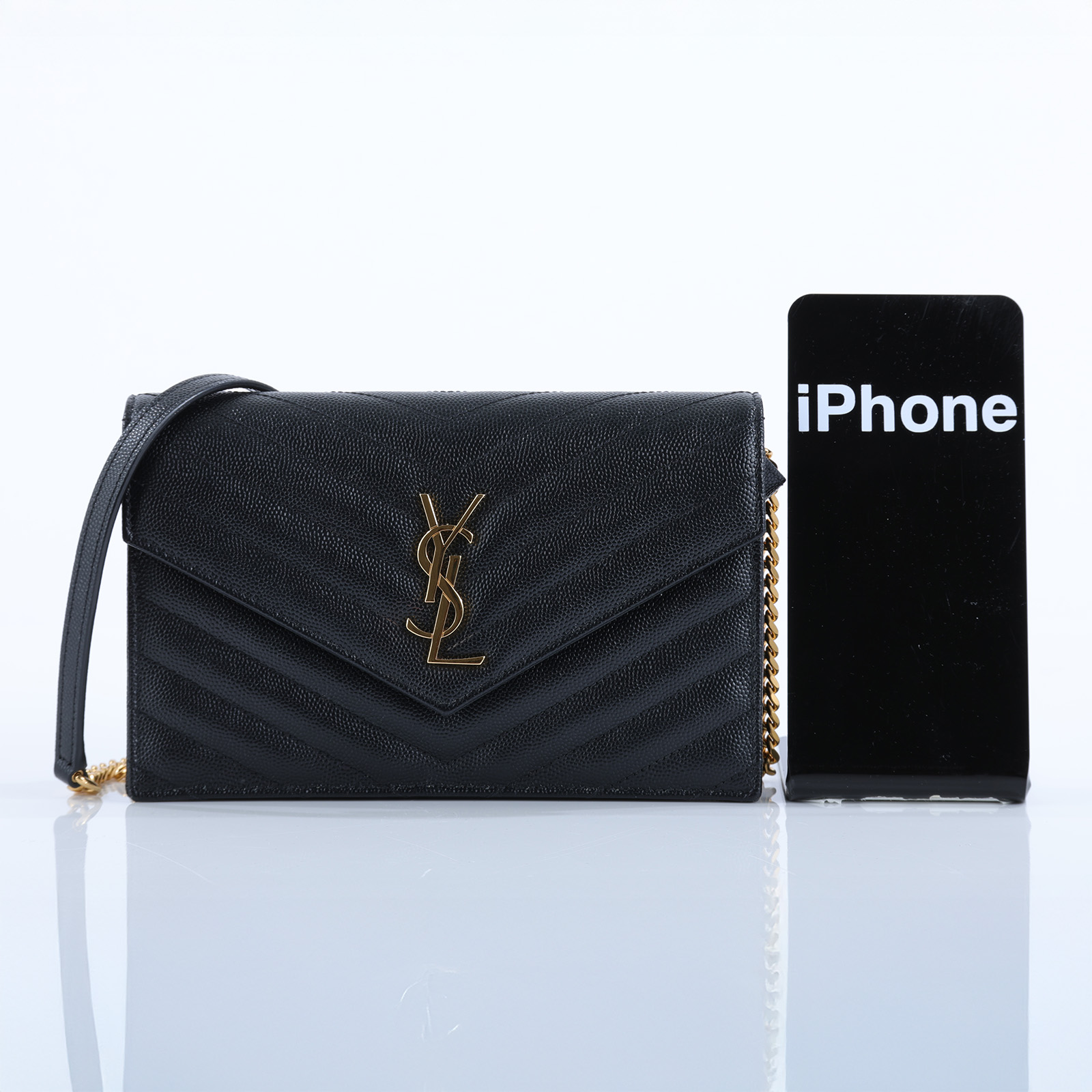 聖羅蘭 YSL SAINT LAURENT Cassandre 信封袋式 鏈條 錢包 742920BOW01 黑金魚子醬WOC 背帶