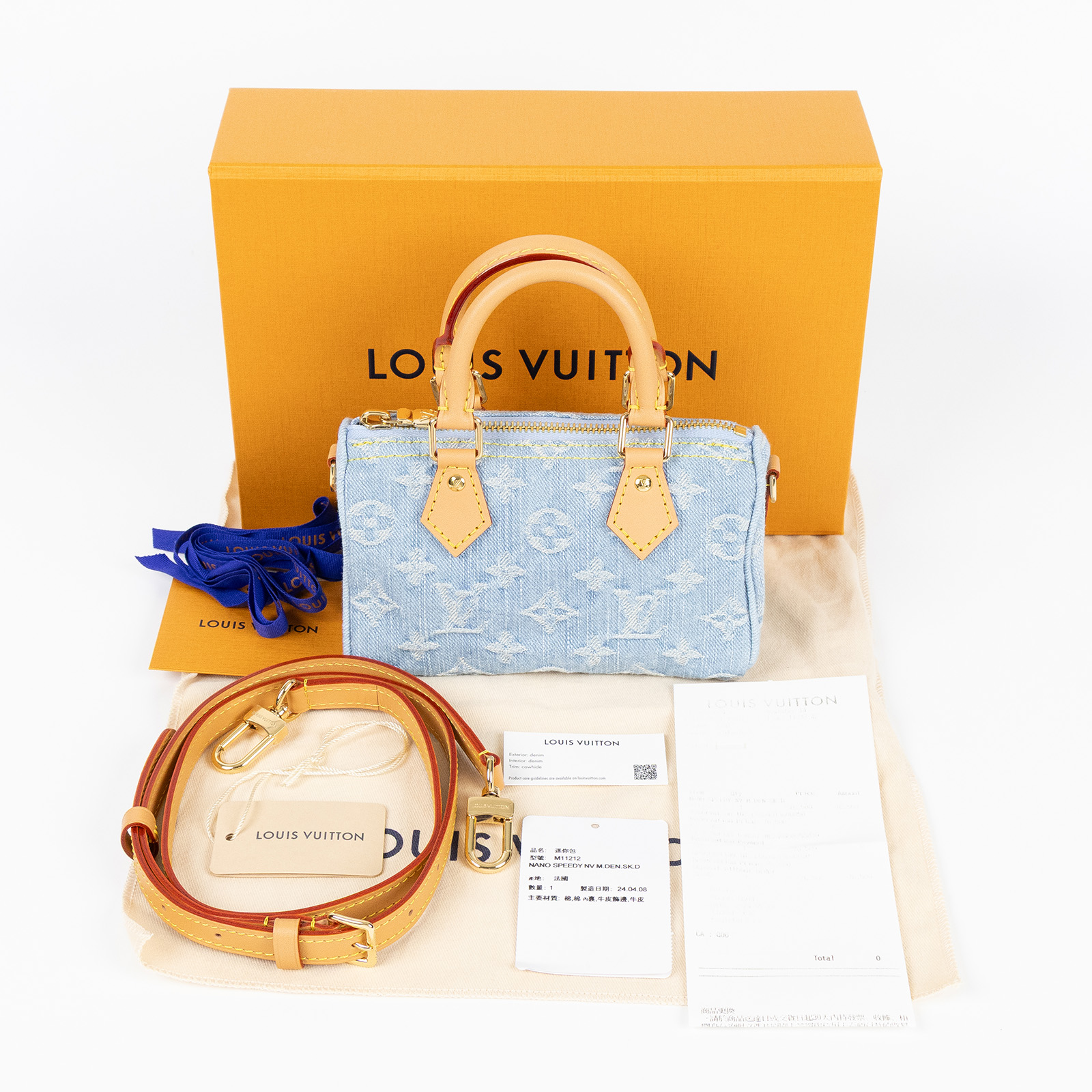 路易威登 LOUIS VUITTON Nano Speedy 手提 肩背包 丹寧 M11212 晶片款  原廠盒子/防塵袋/背帶/購買證明
