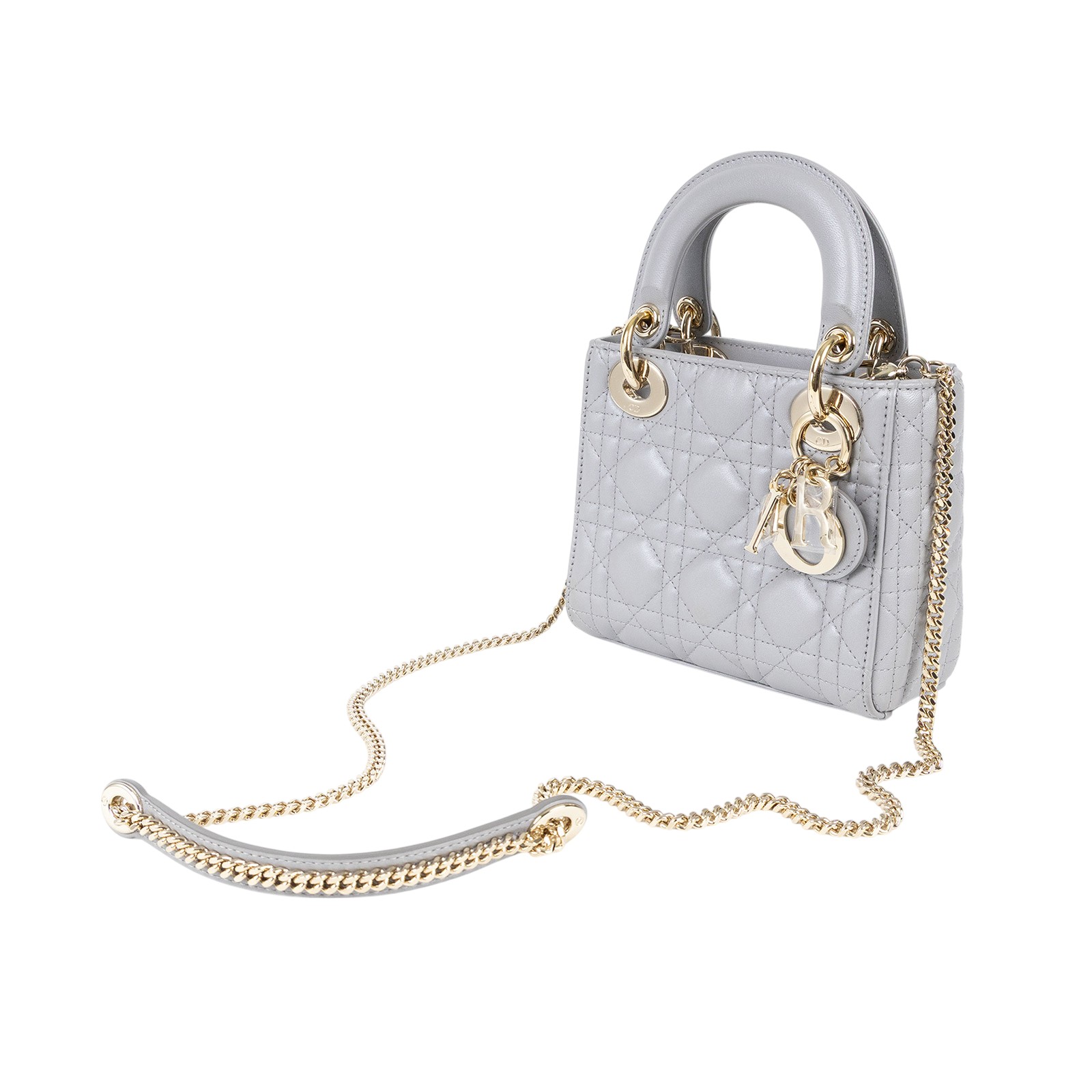 迪奧 CHRISTIAN DIOR Lady Dior 迷你 手提 肩背包 蛋白石灰色珠光 M0505OADU  原廠盒子/防塵袋/保證卡/背帶/發票/購買證明