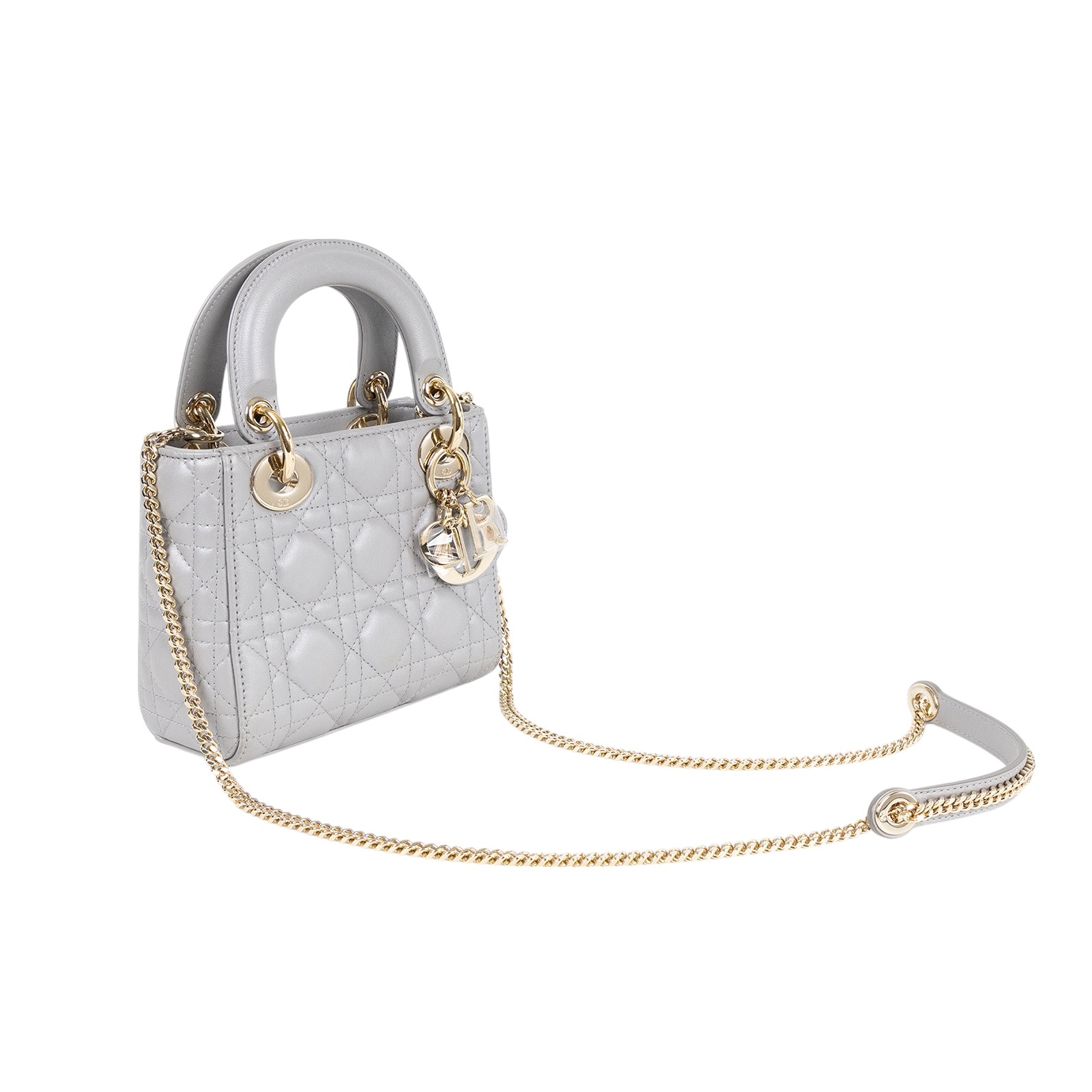 迪奧 CHRISTIAN DIOR Lady Dior 迷你 手提 肩背包 蛋白石灰色珠光 M0505OADU  原廠盒子/防塵袋/保證卡/背帶/發票/購買證明